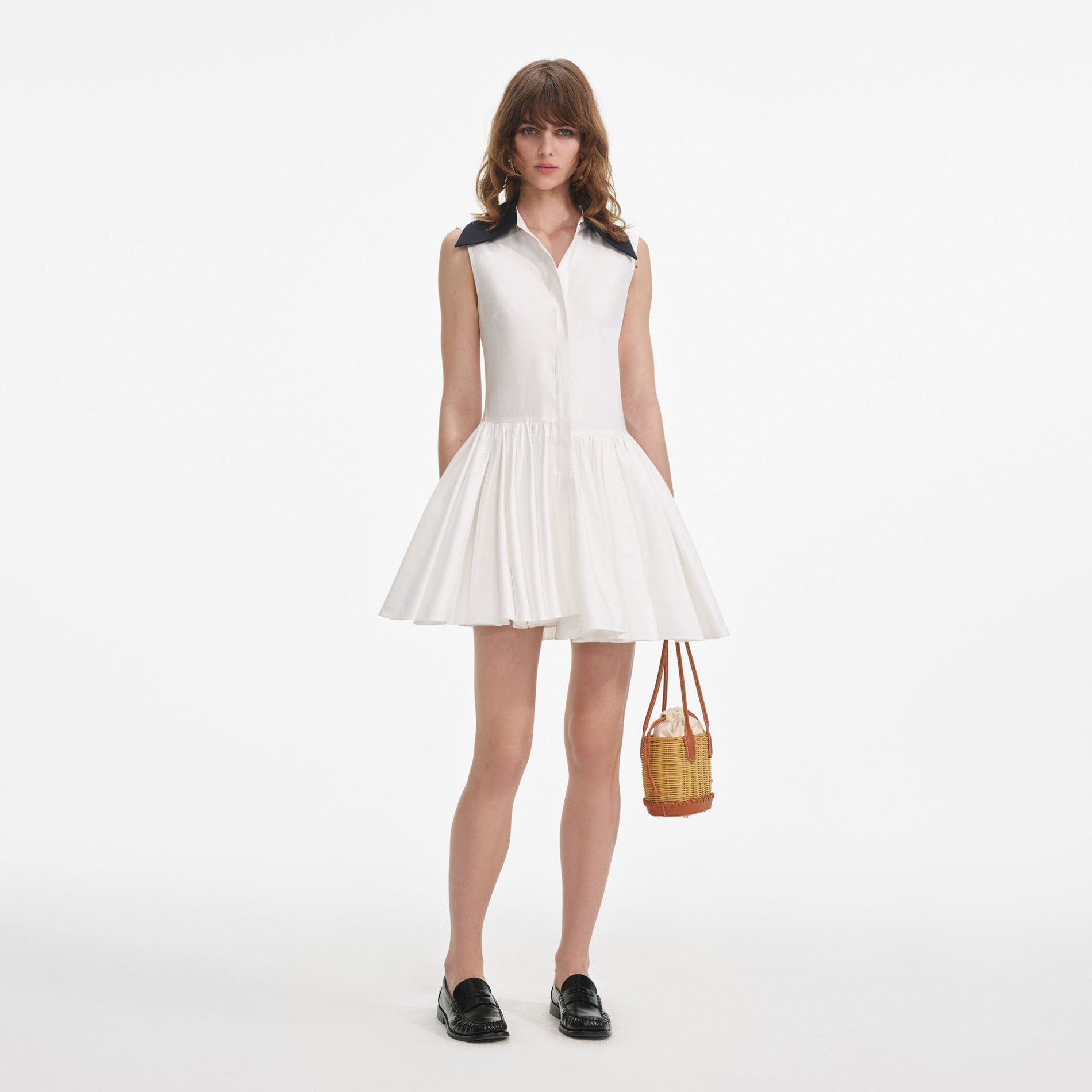Front view of a woman wearing the White Cotton Contrast Collar Mini Dress