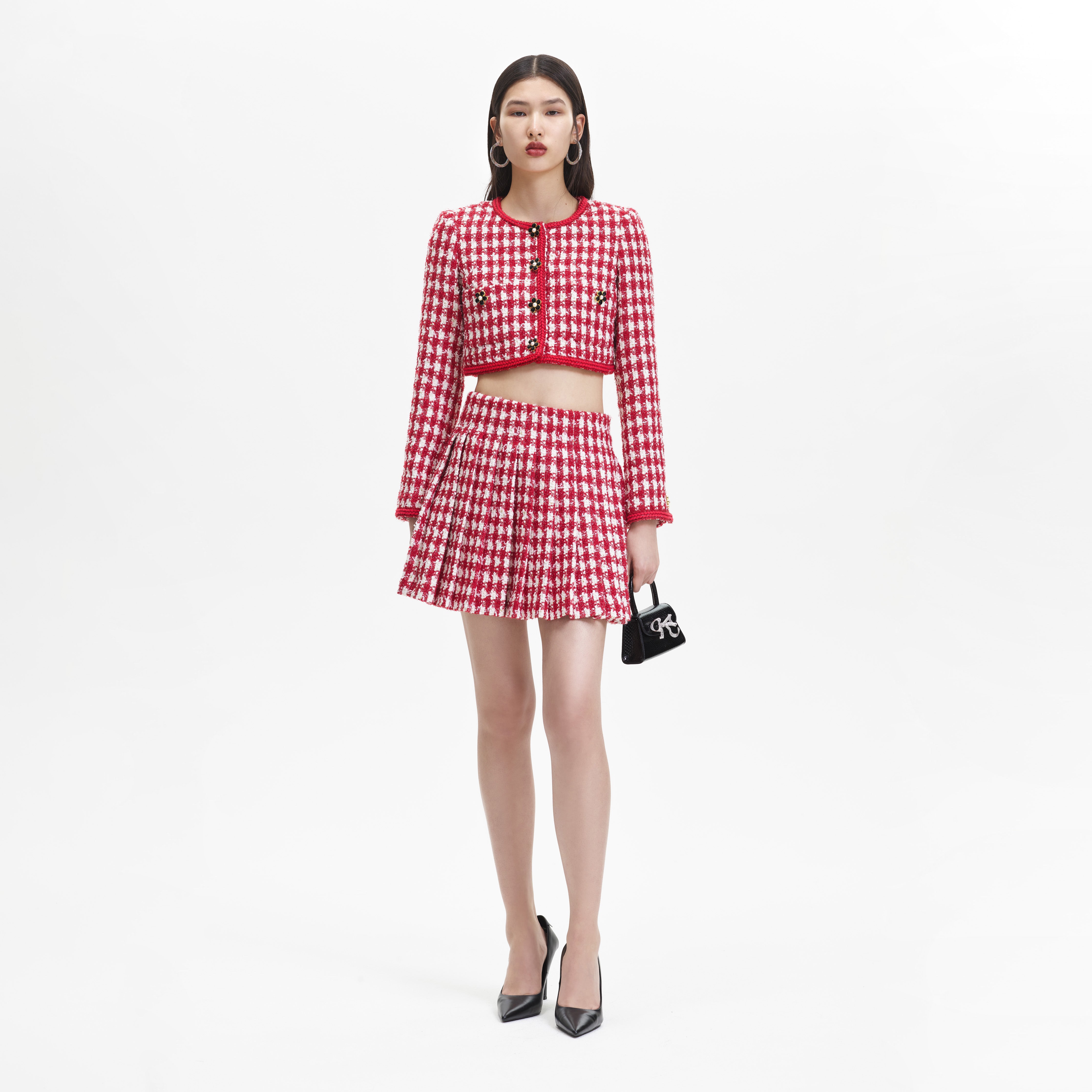 Red Check Boucle Pleated Mini Skirt – self-portrait