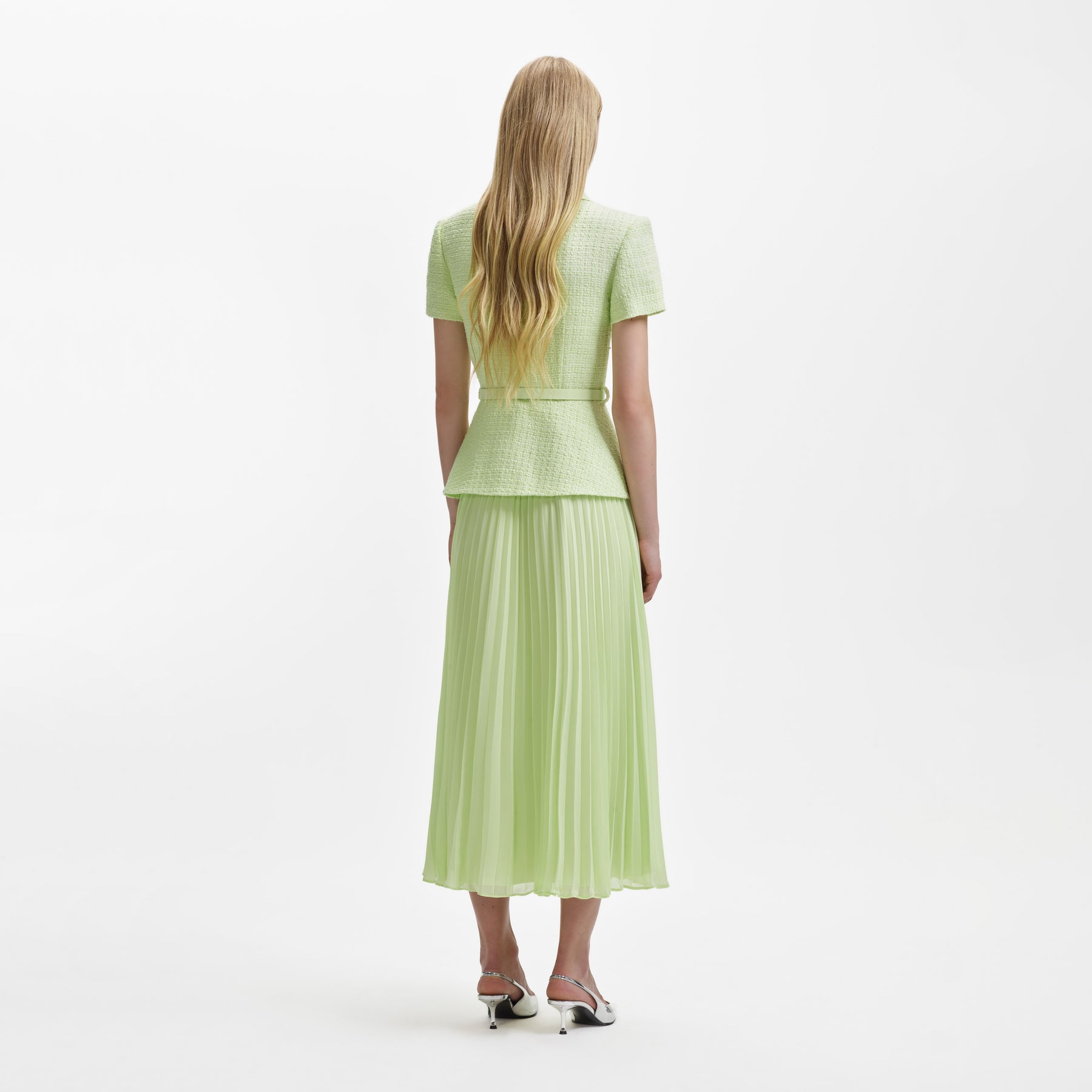 Lime Boucle Collared Chiffon Midi Dress – self-portrait
