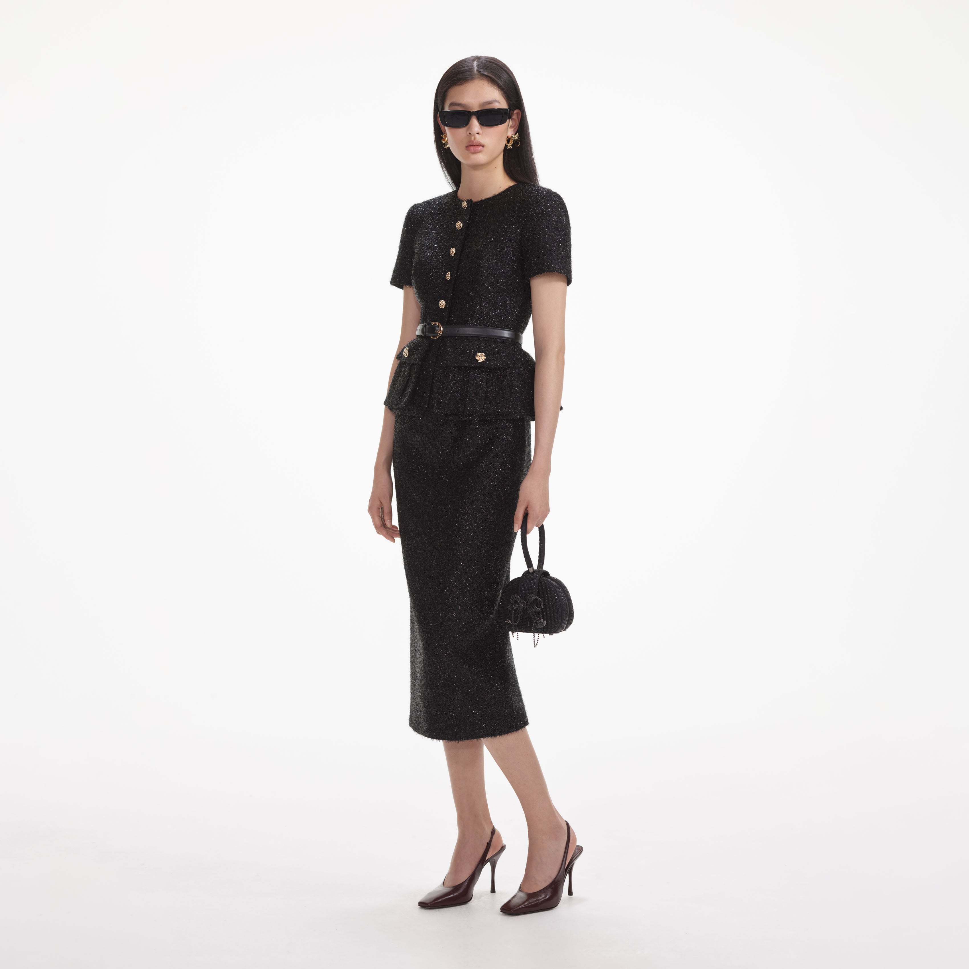 Black Tinsel Boucle Tailored Midi Dress self portrait