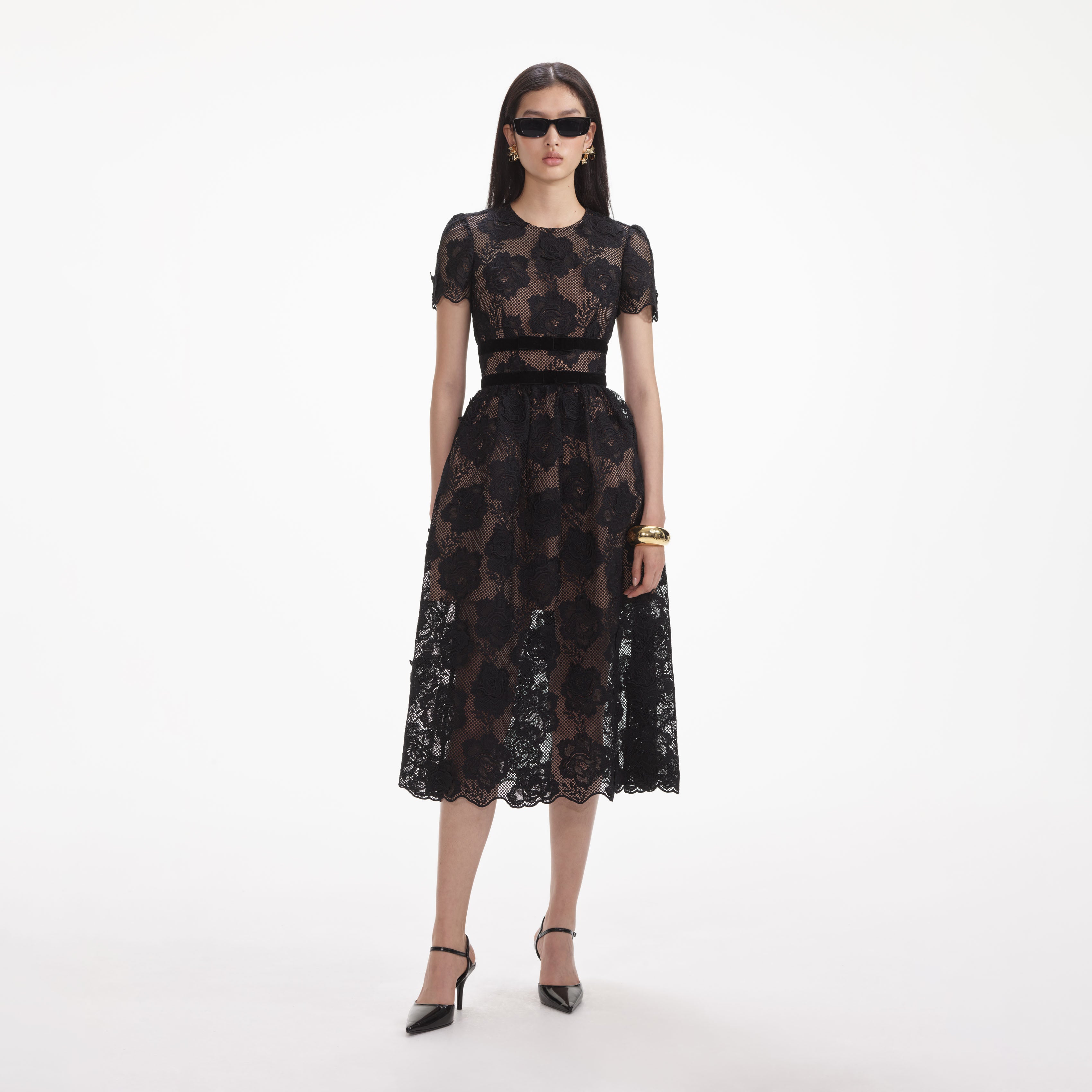 Black Lace Velvet Bow Midi Dress – self-portrait