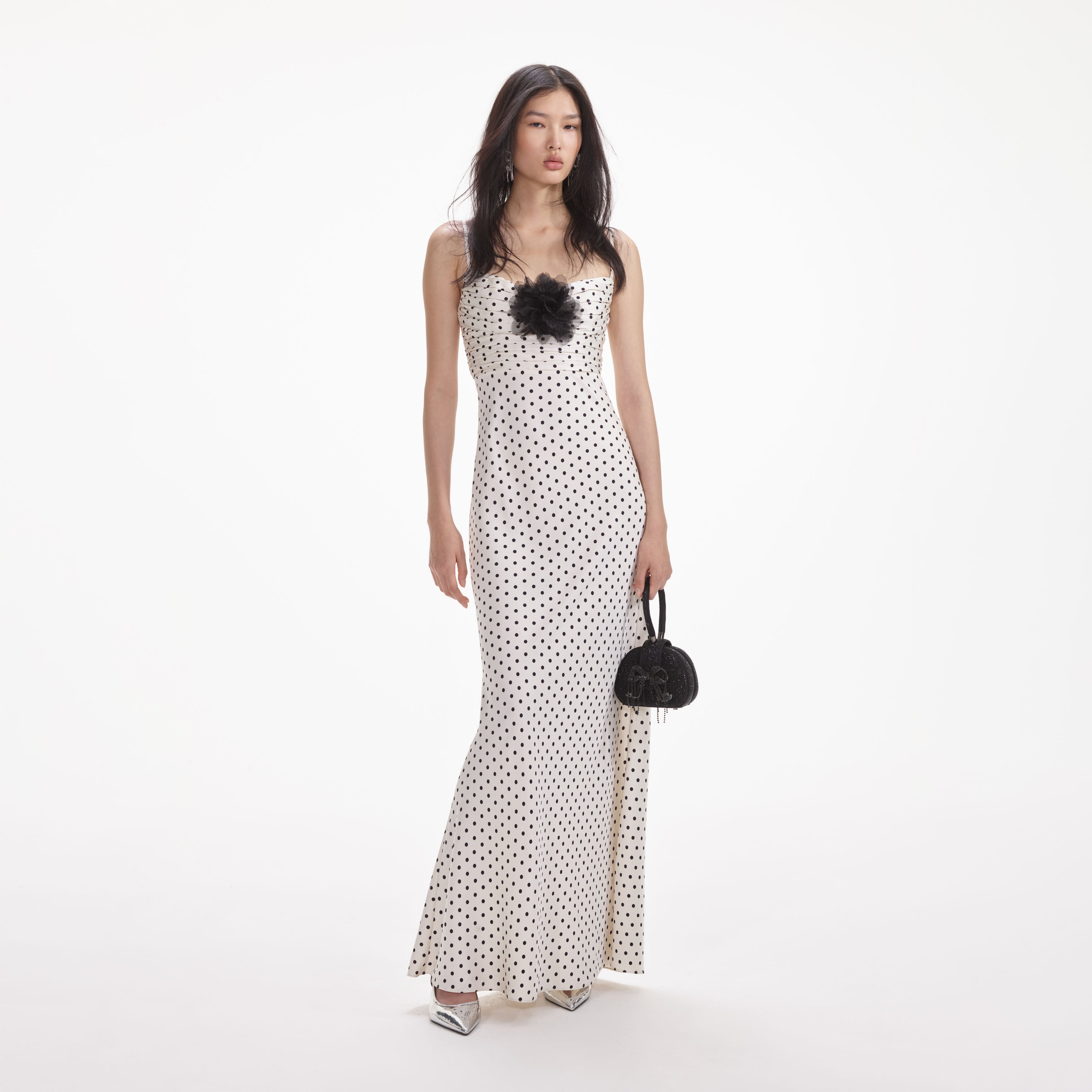 Cream Polka Dot Satin Maxi Dress