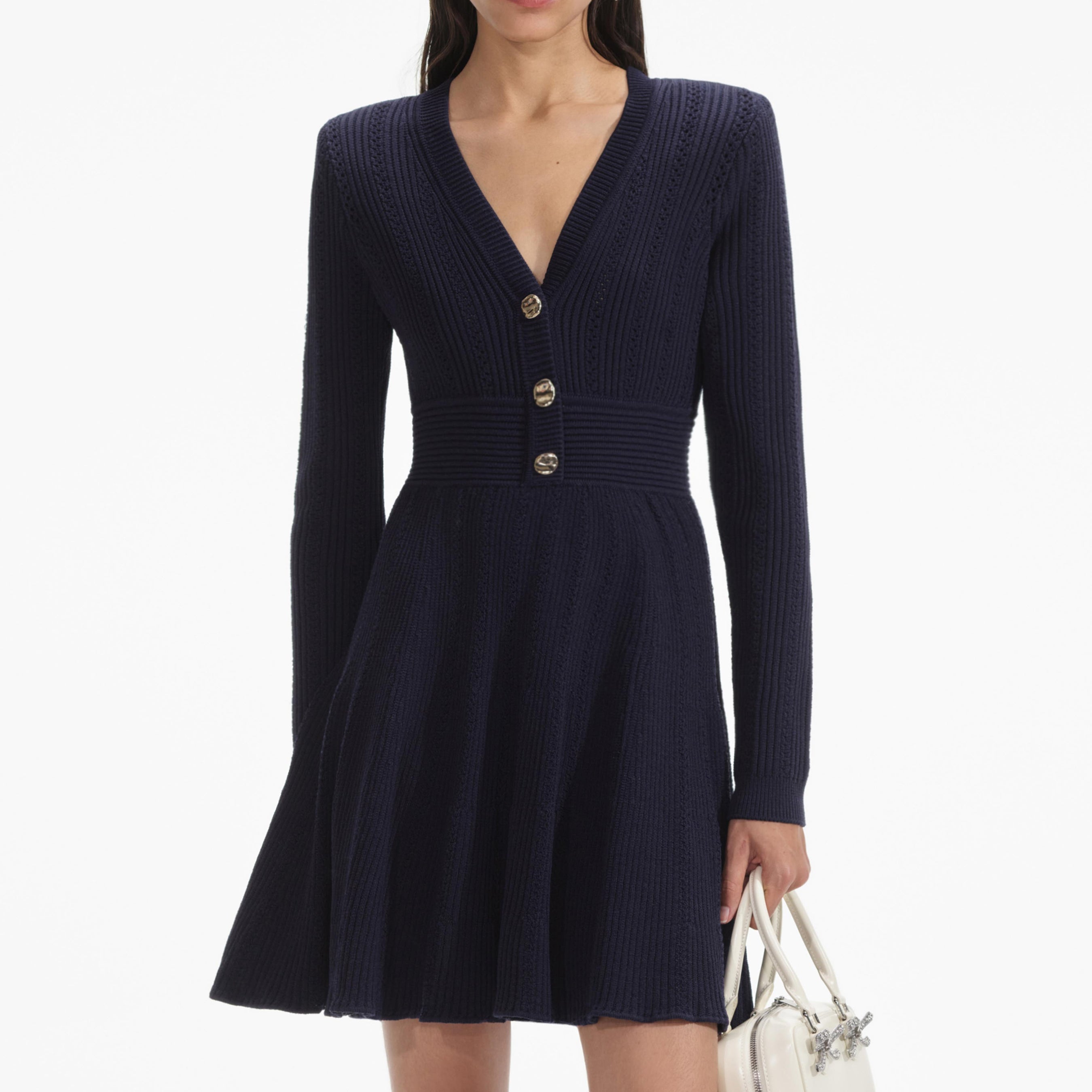 Navy Pointelle Knit Mini Dress