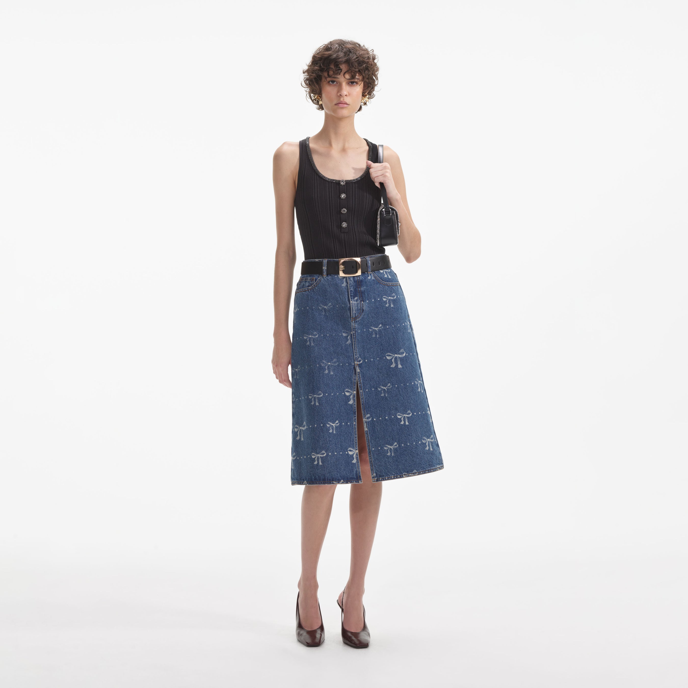Bow Print Denim Midi Skirt