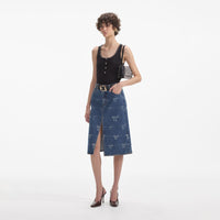 Bow Print Denim Midi Skirt