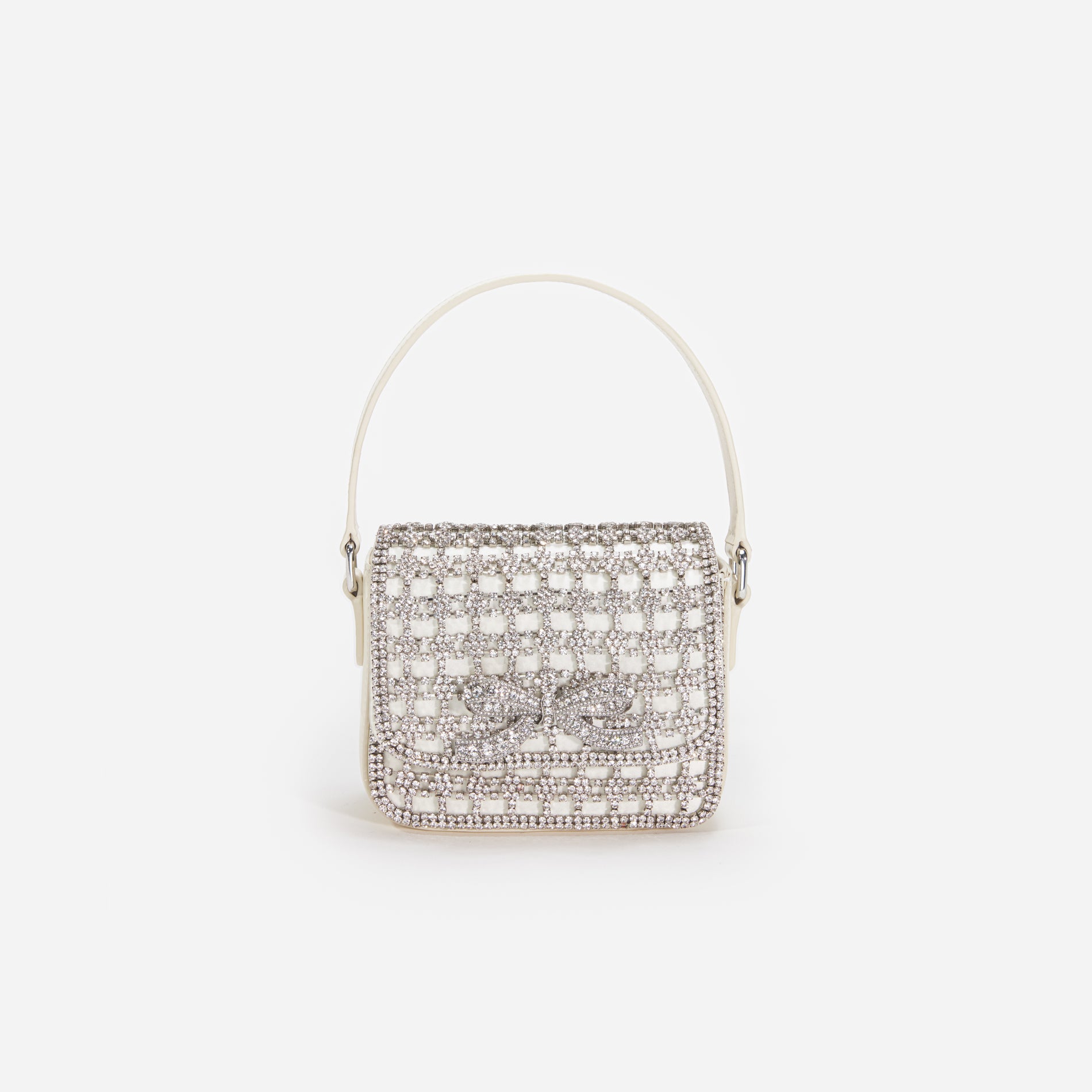 Front view of a woman wearing the Champagne Crystal Micro Bag