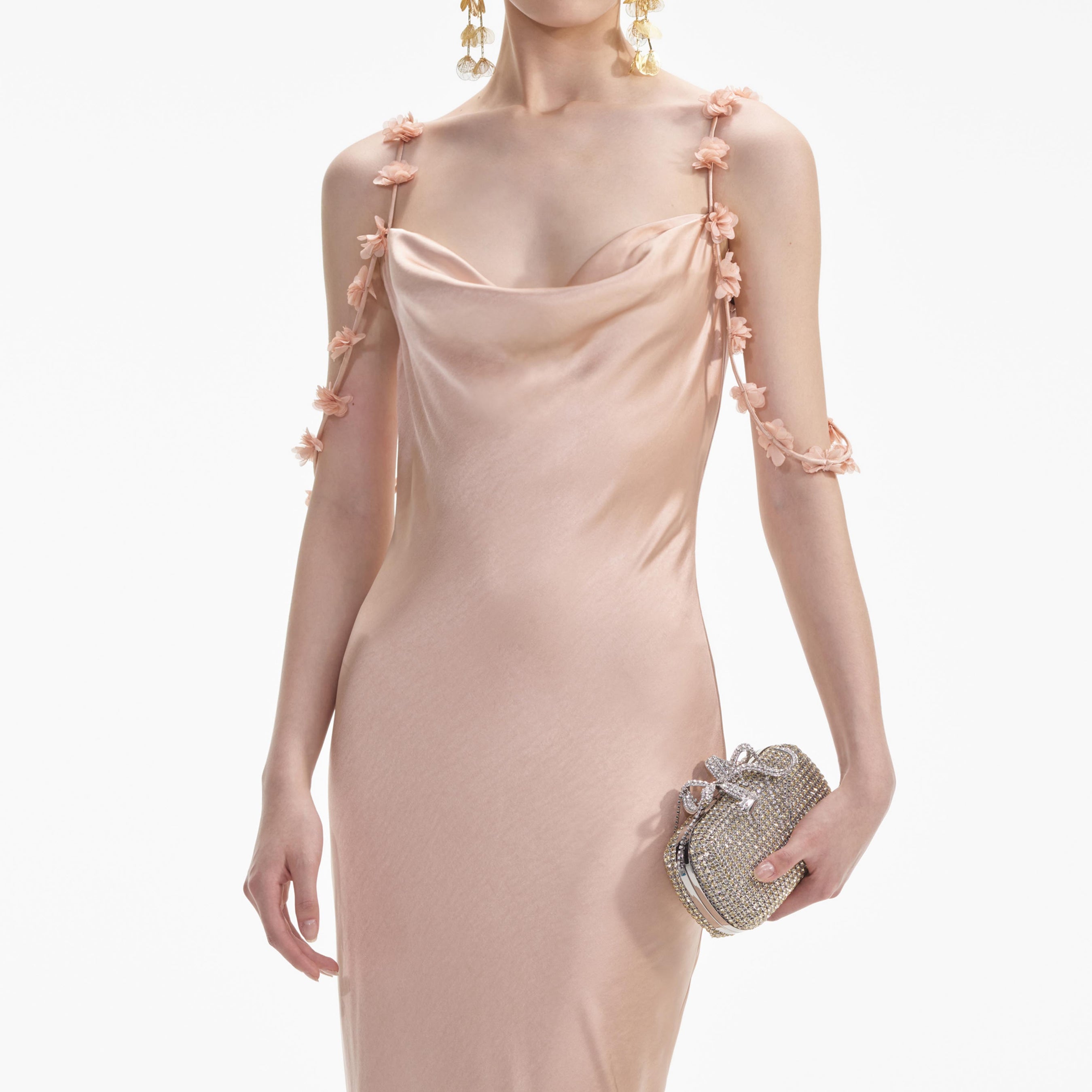 Rose Gold Satin Flower Maxi Dress