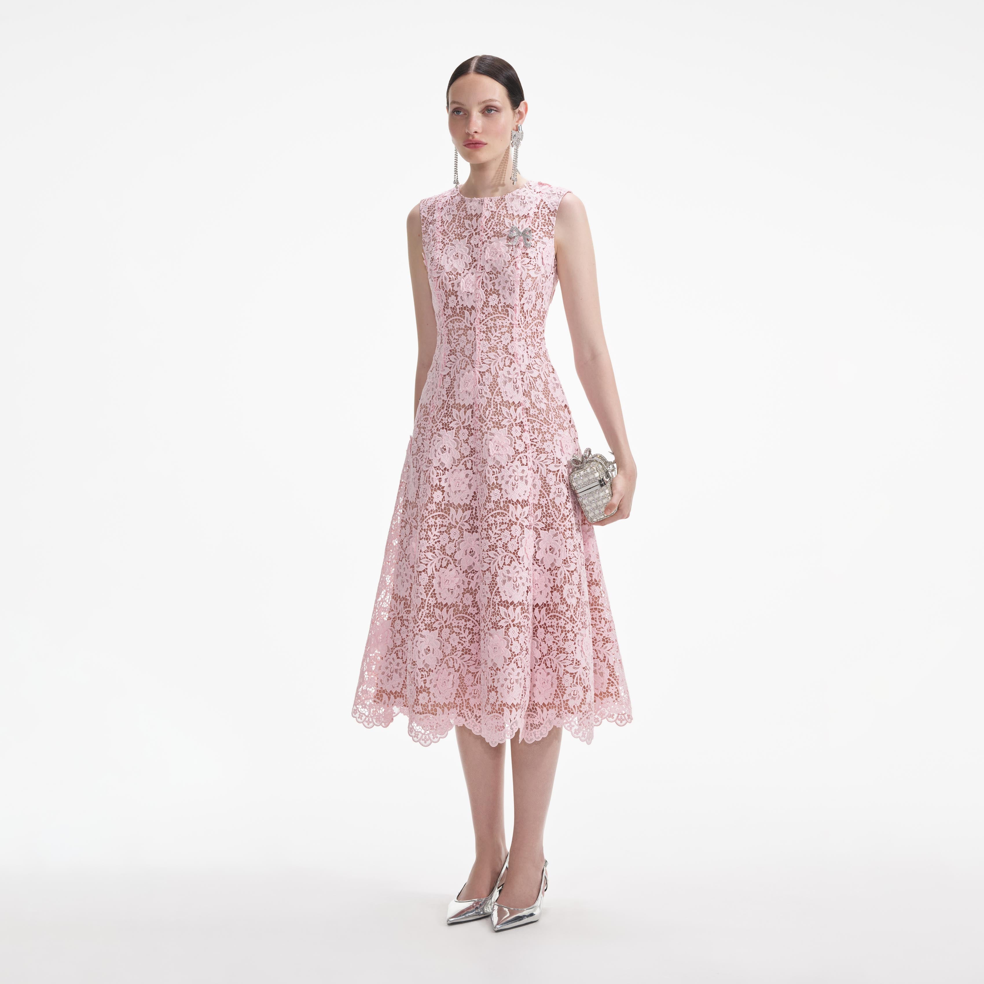 Pink Flower Lace Midi Dress