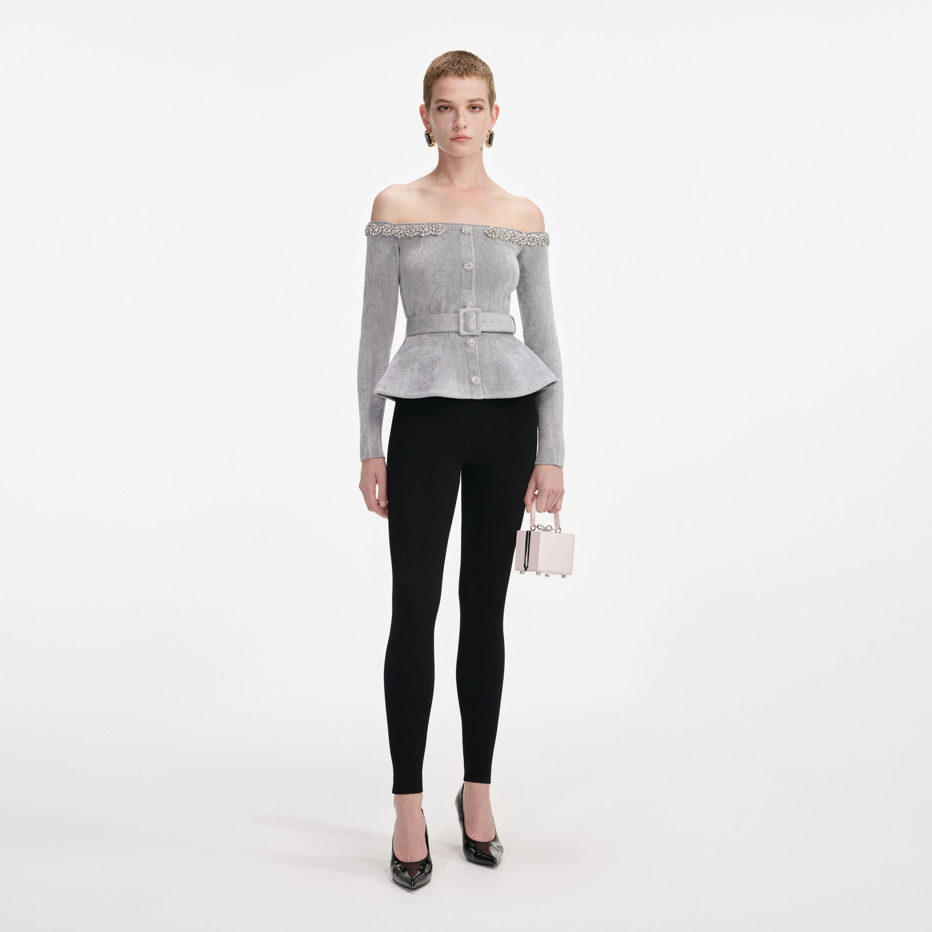 Front view of a woman wearing the Grey Chenille Knit Crystal Trim Top