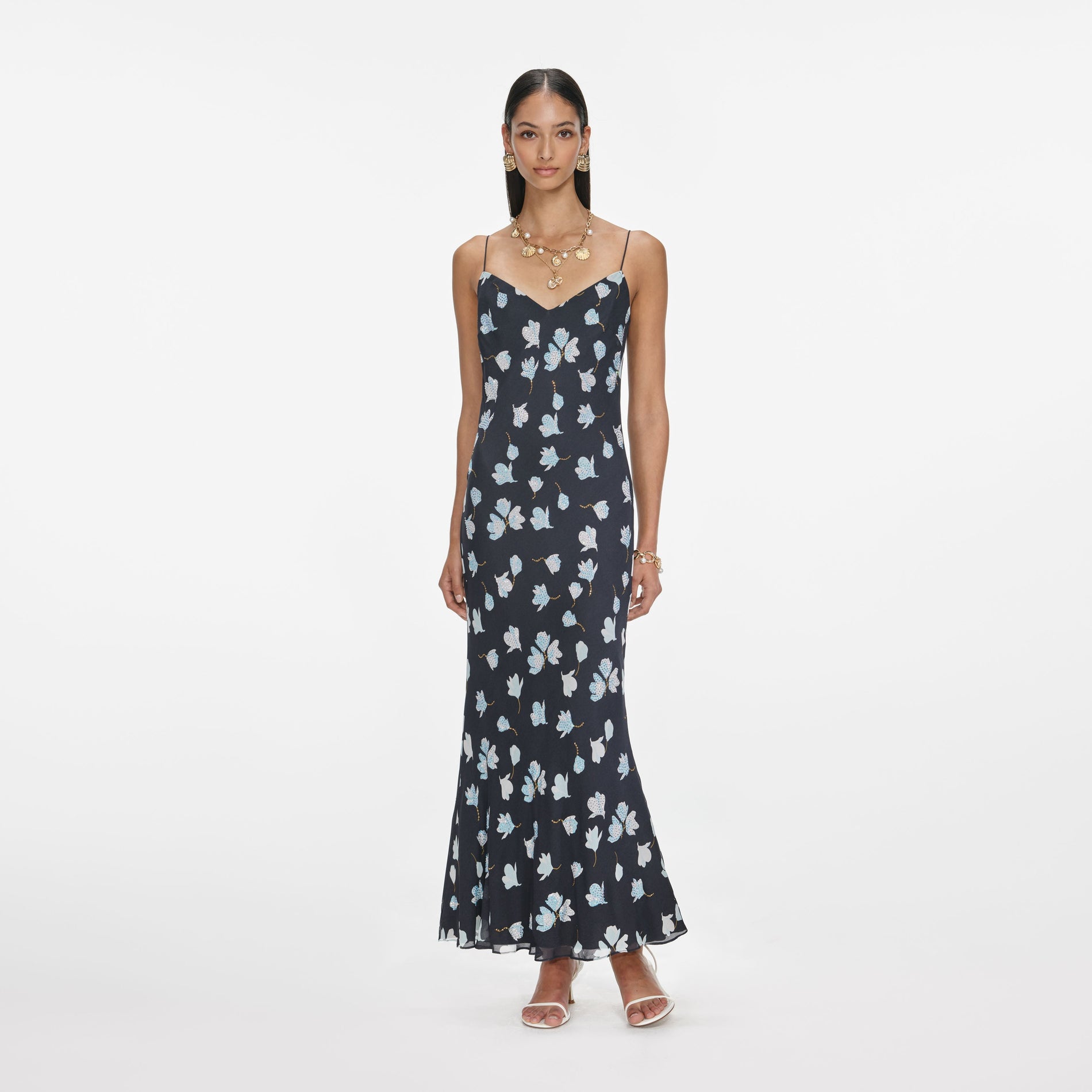 Navy Floral Rhinestone Midi Dress