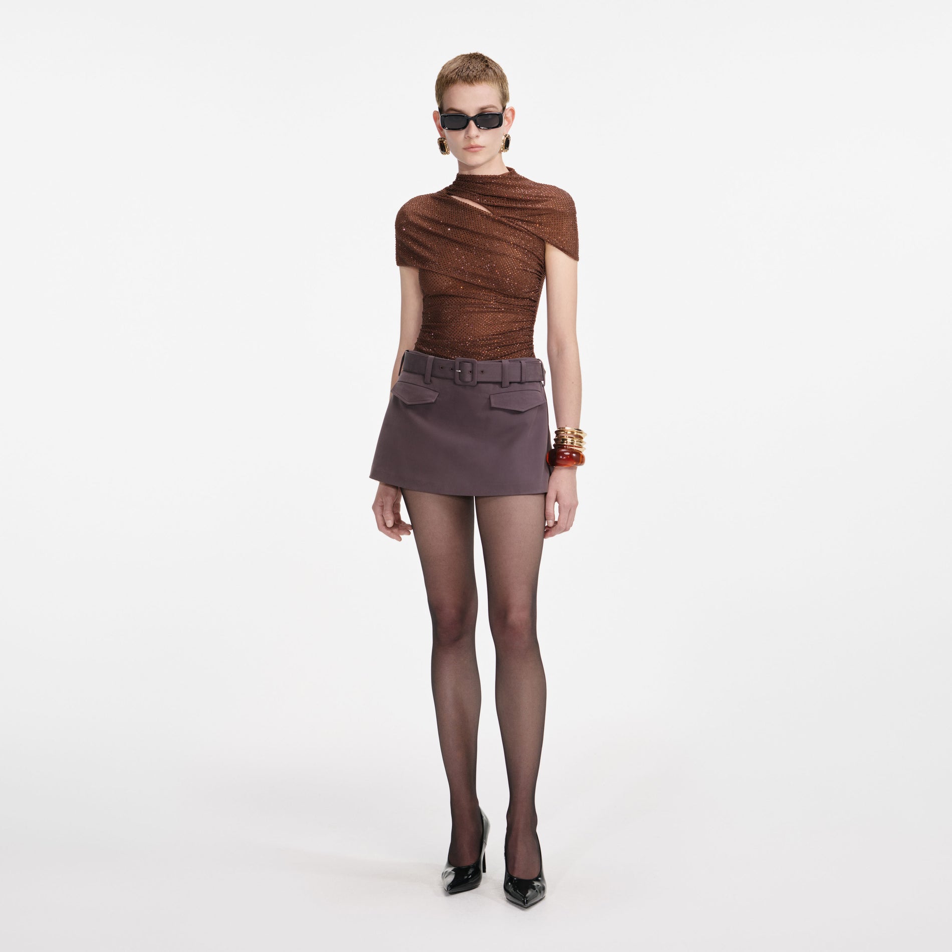 Brown Rhinestone Mesh Cut Out Top