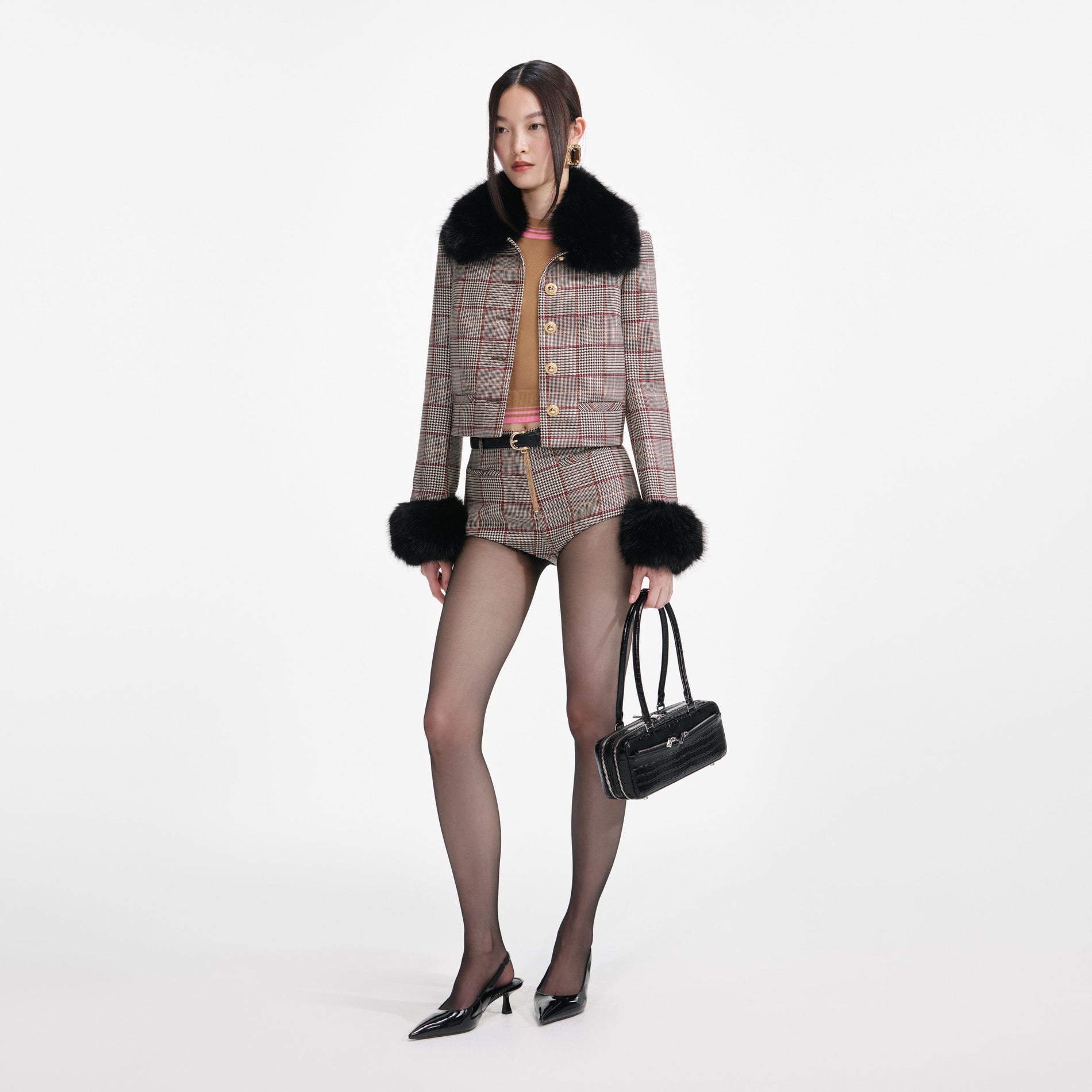 Brown Check Fur Cuff Jacket