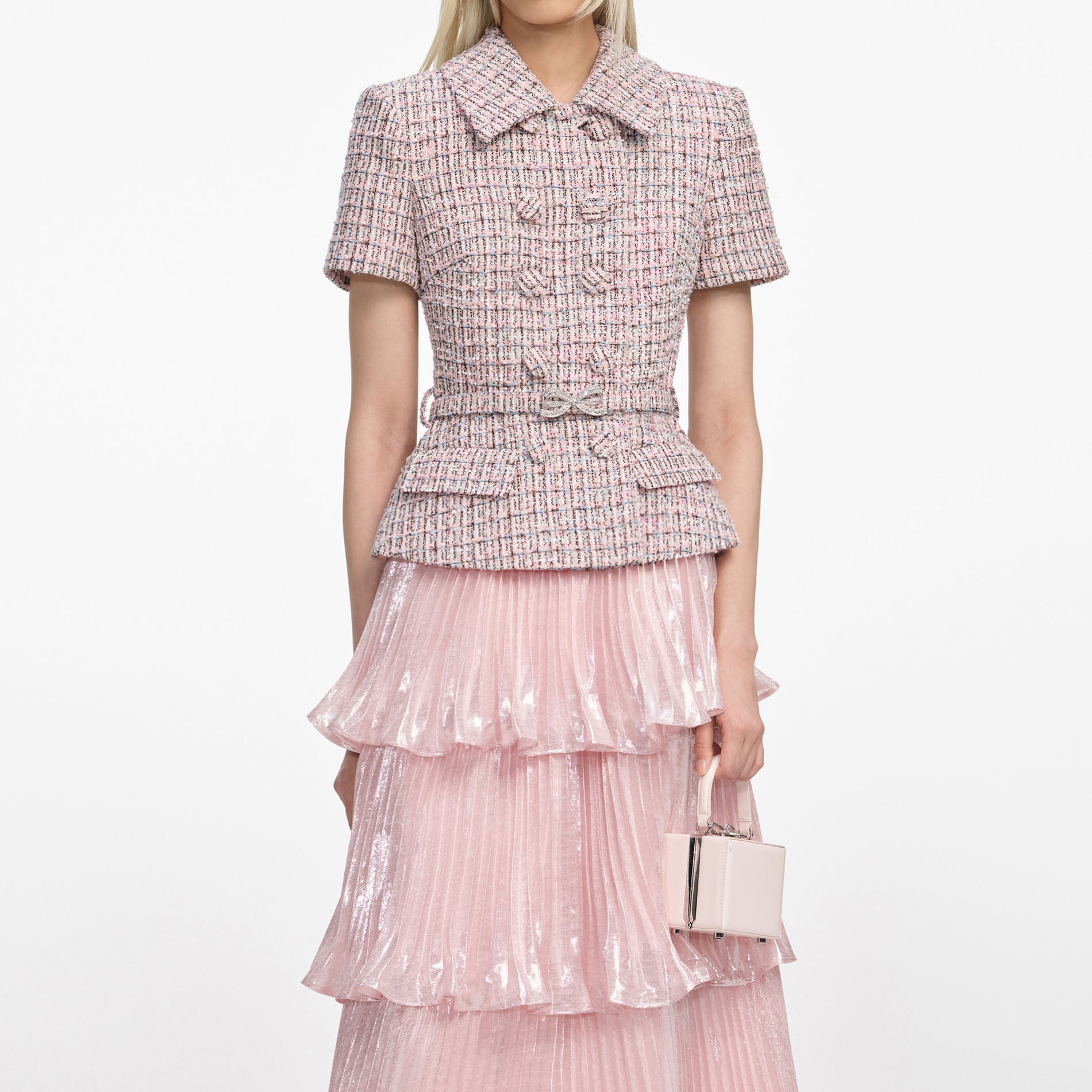 Pink Boucle Metallic Tiered Midi Dress