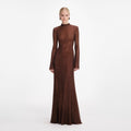 Brown Rhinestone Mesh Maxi Dress
