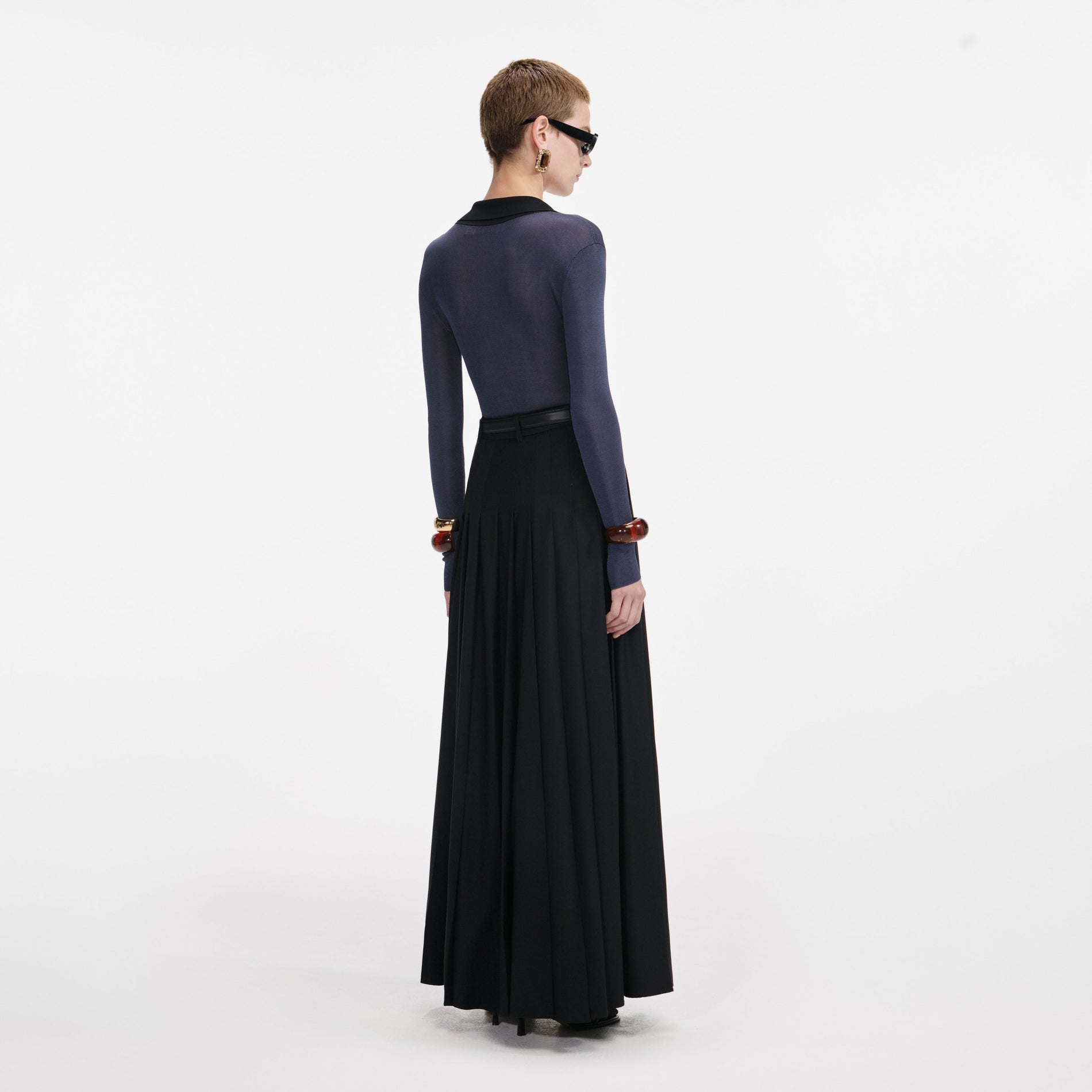 Black Pleated Twill Maxi Skirt