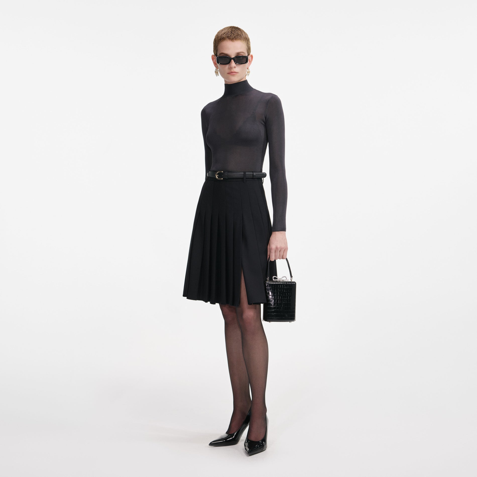 Black Pleated Twill Midi Skirt