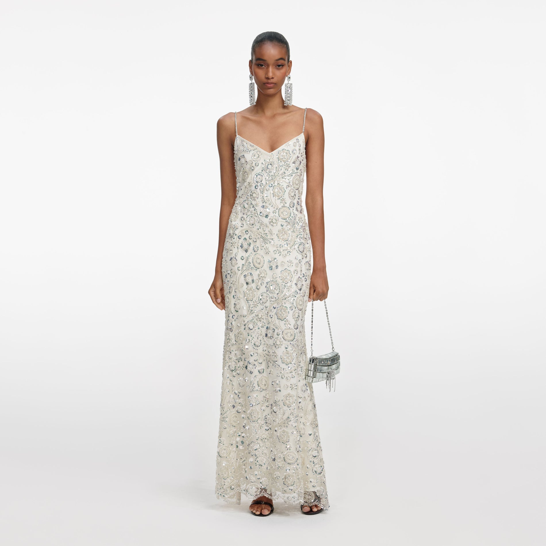 Cream Floral Sequin Maxi Dress