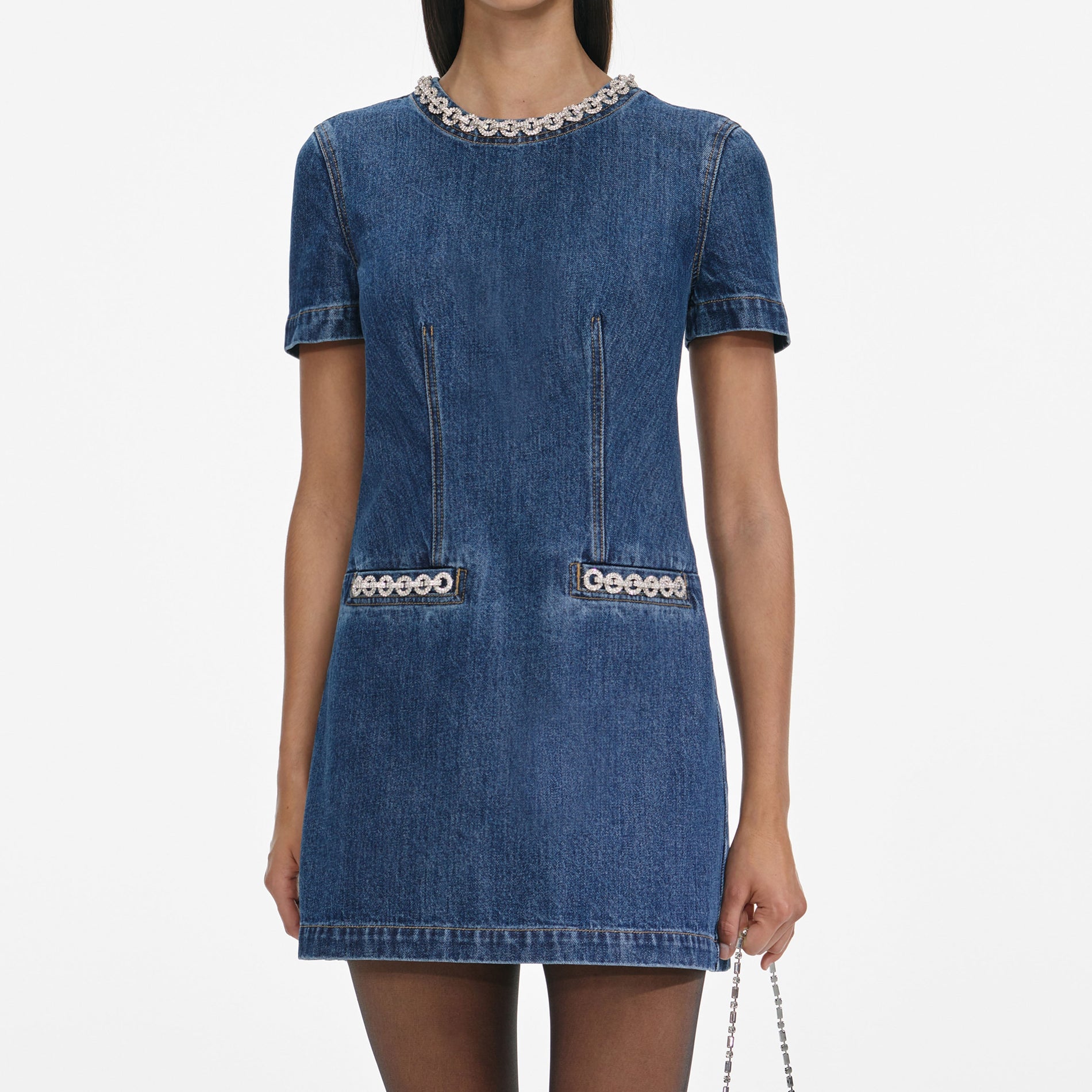 Denim Crystal Trim Mini Dress