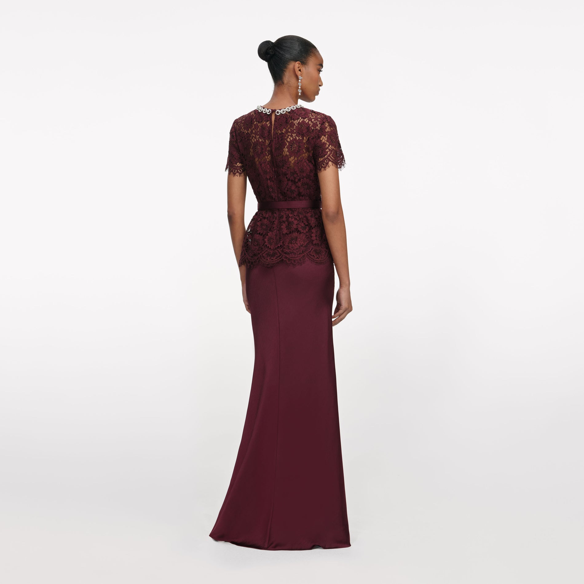 Back view of a woman wearing the Bordeaux Lace Satin Maxi Dress