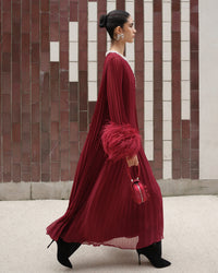 Burgundy Chiffon Feather Midi Dress