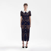 Navy Floral Guipure Midi Dress