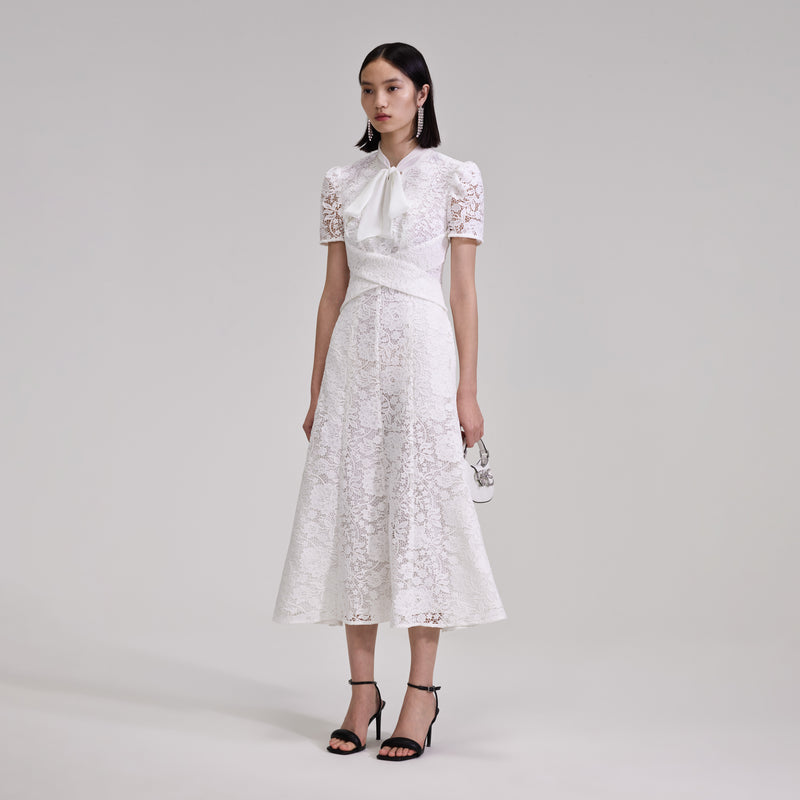 White Cord Lace Crossover Midi Dress – self-portrait