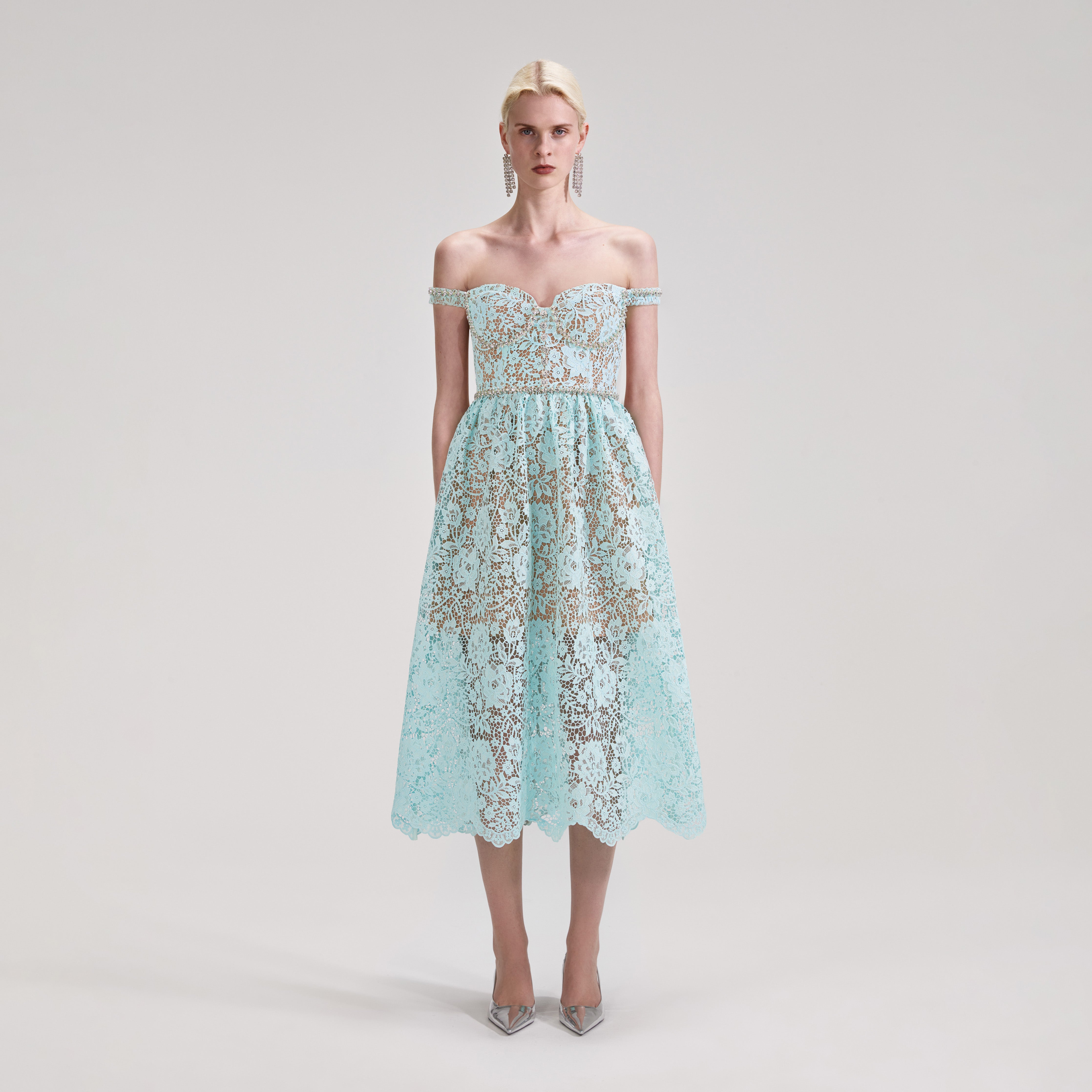 Blue Cord Lace Diamante Midi Dress – self-portrait