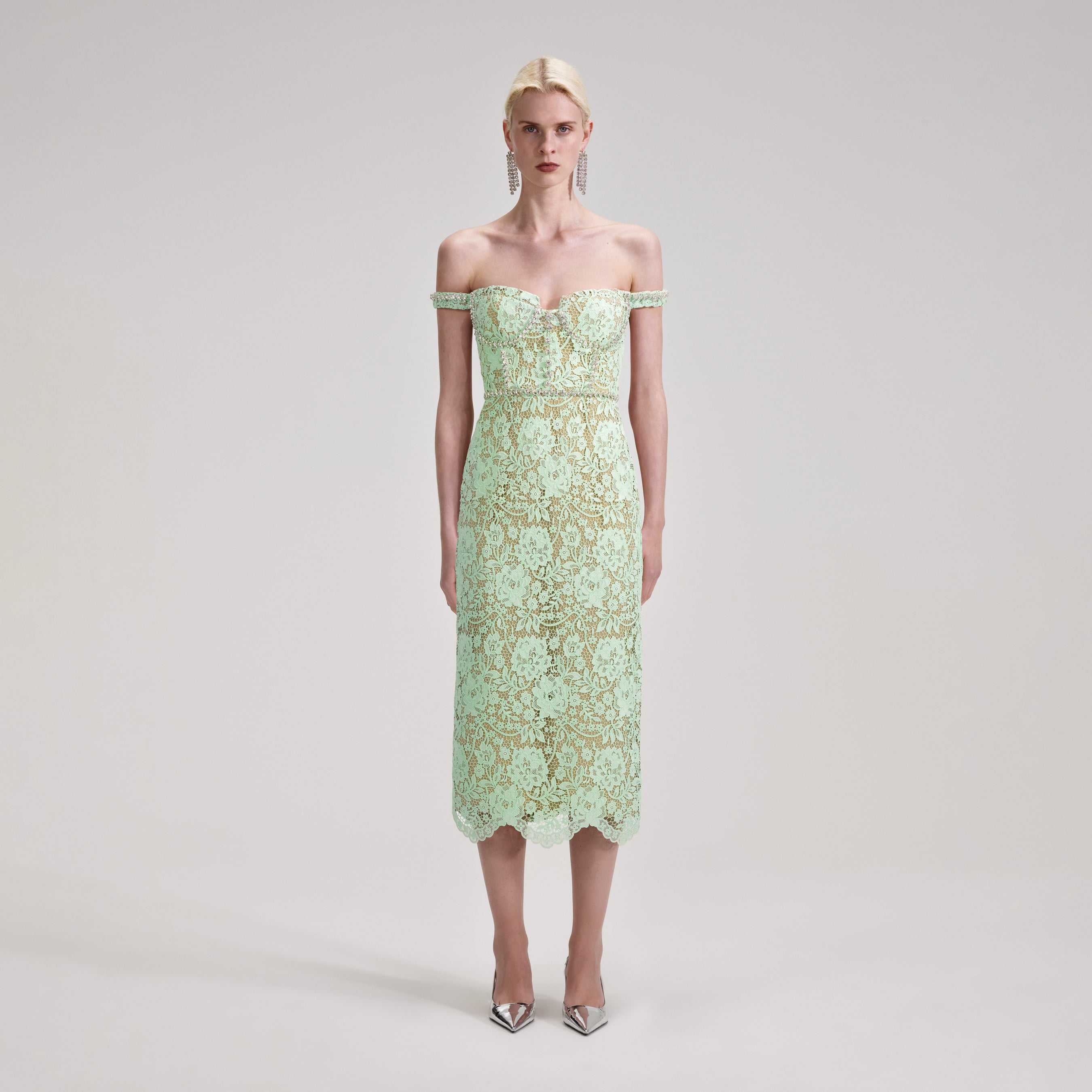 Green Cord Lace Diamante Midi Dress – self-portrait