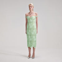 Green Cord Lace Diamante Midi Dress