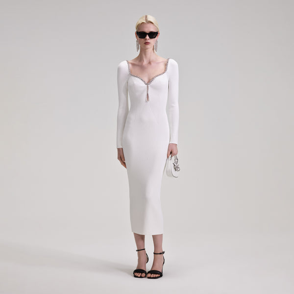 White Knit Diamante Midi Dress – self-portrait