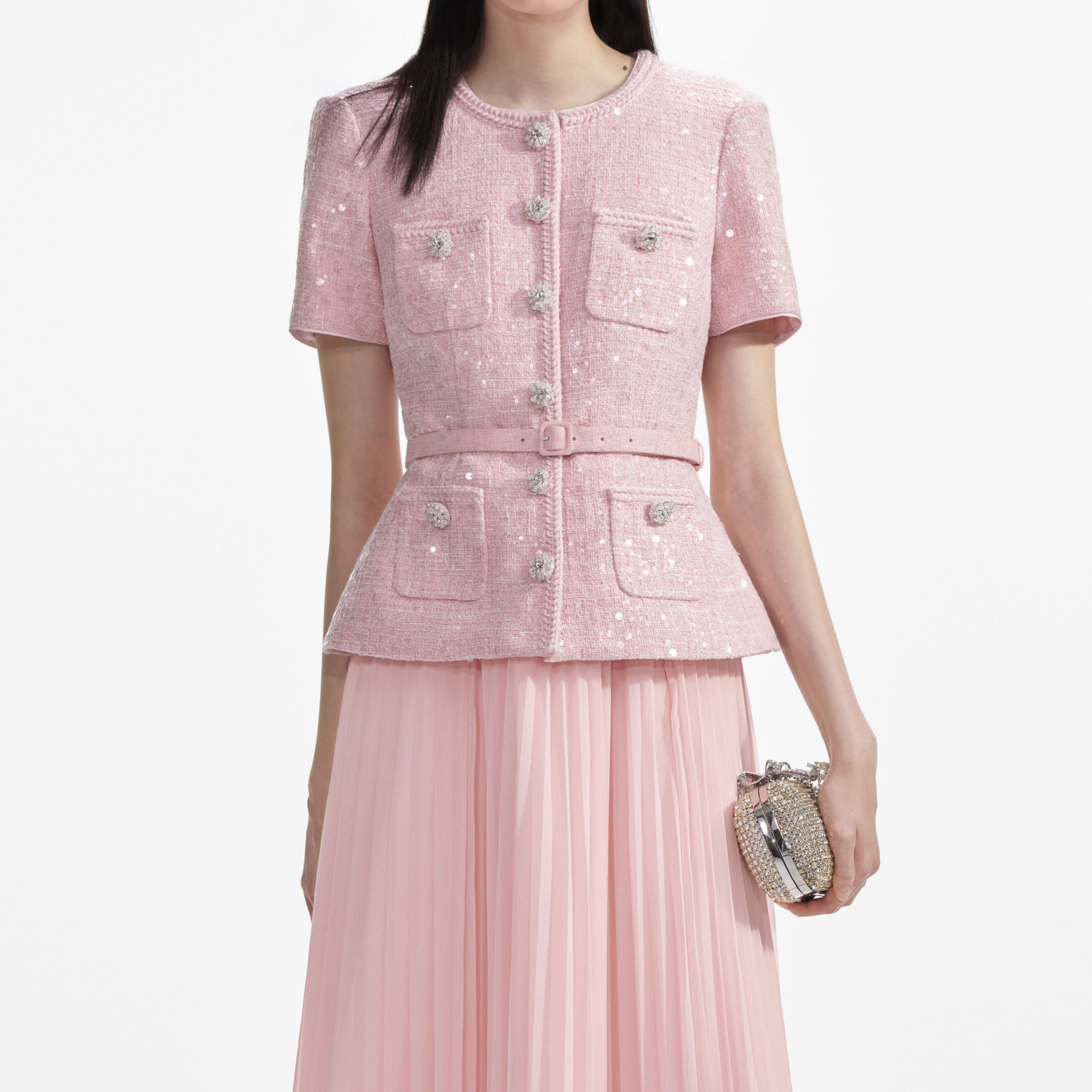 Pink Boucle Sequin Midi Dress