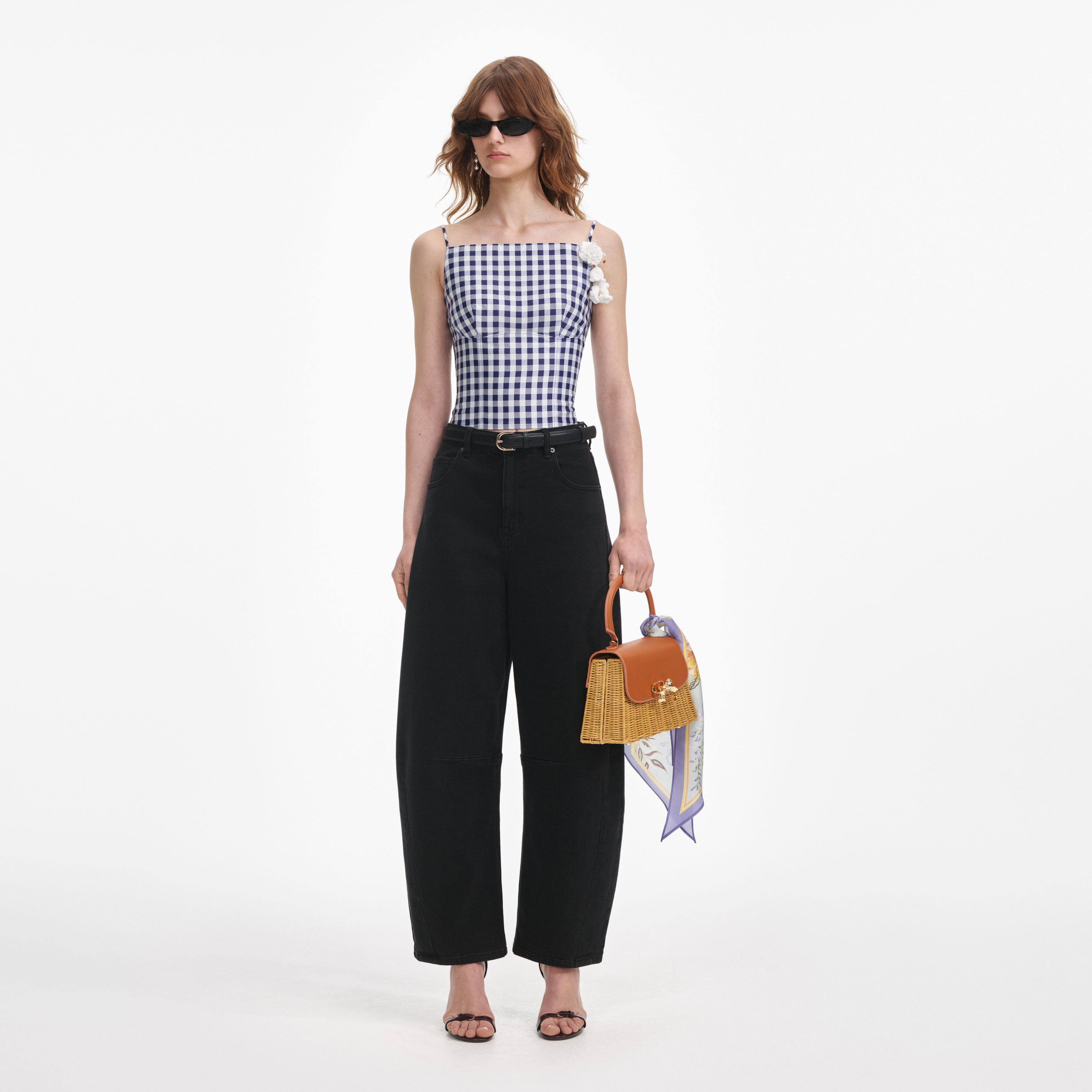 Navy Gingham Taffeta Top