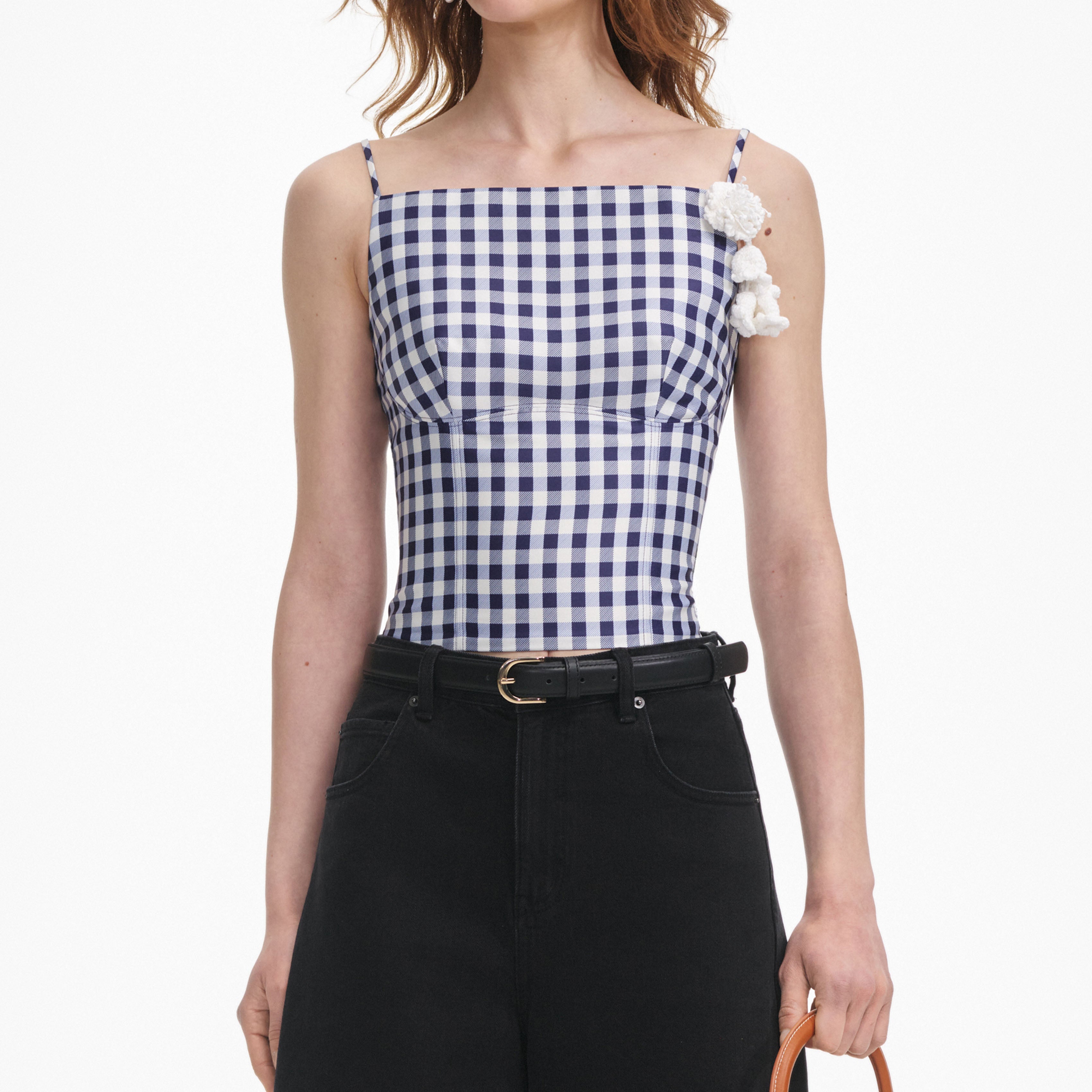 Navy Gingham Taffeta Top