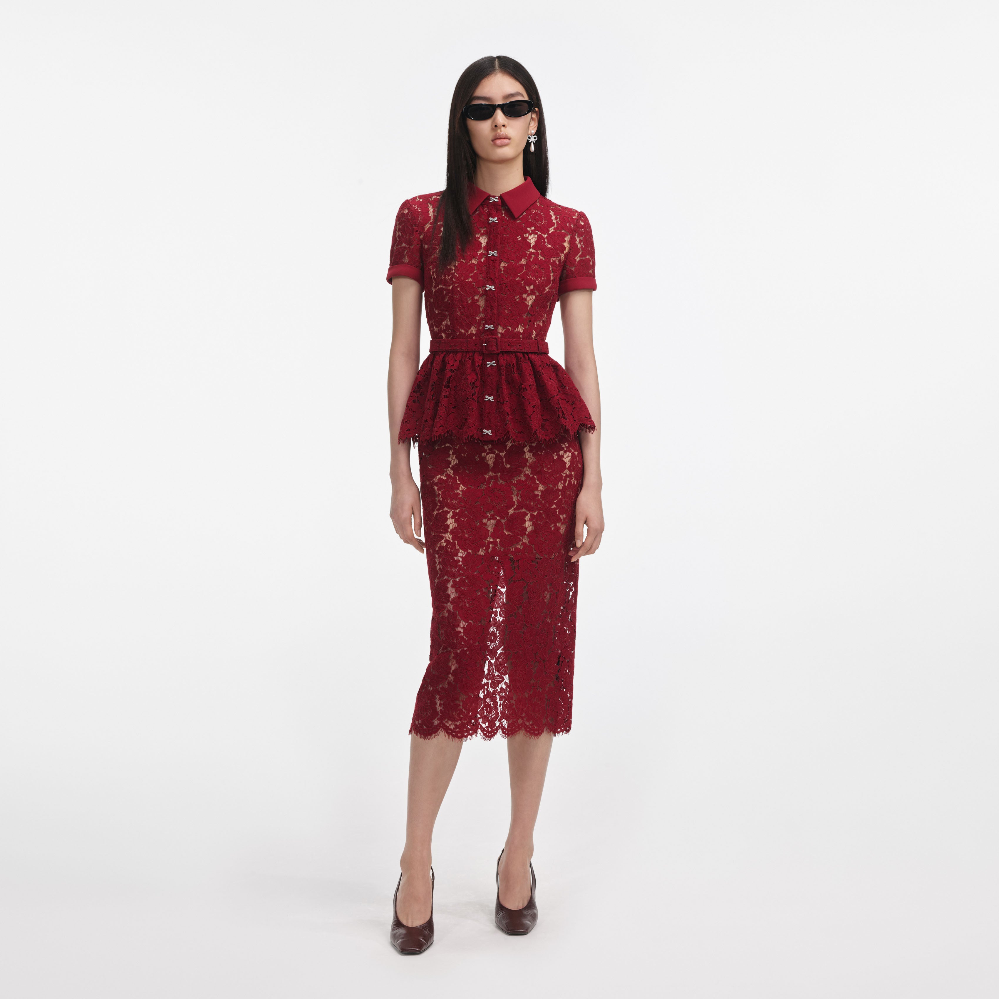 Burgundy Lace Peplum Midi Dress