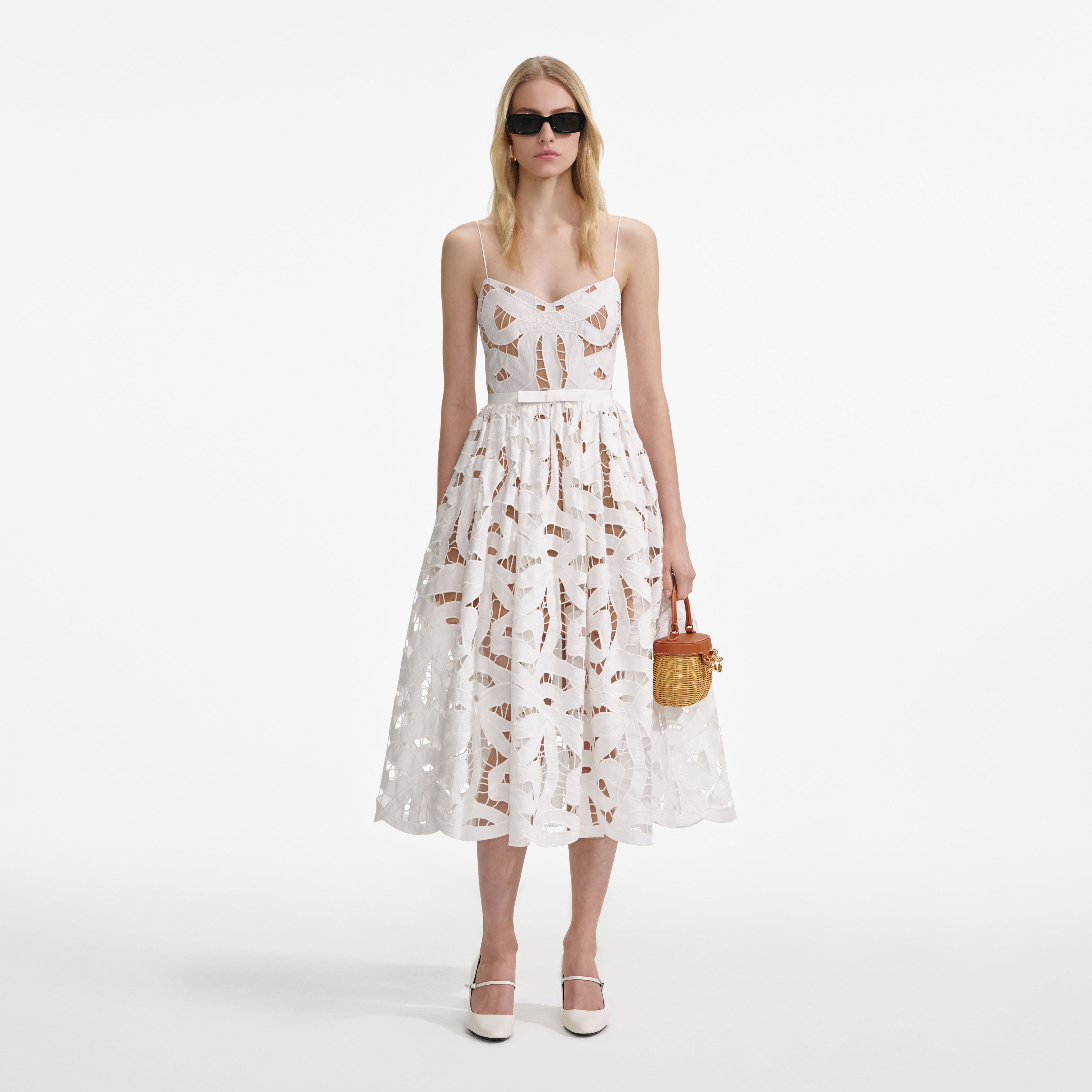 White Bow Embroidered Midi Dress