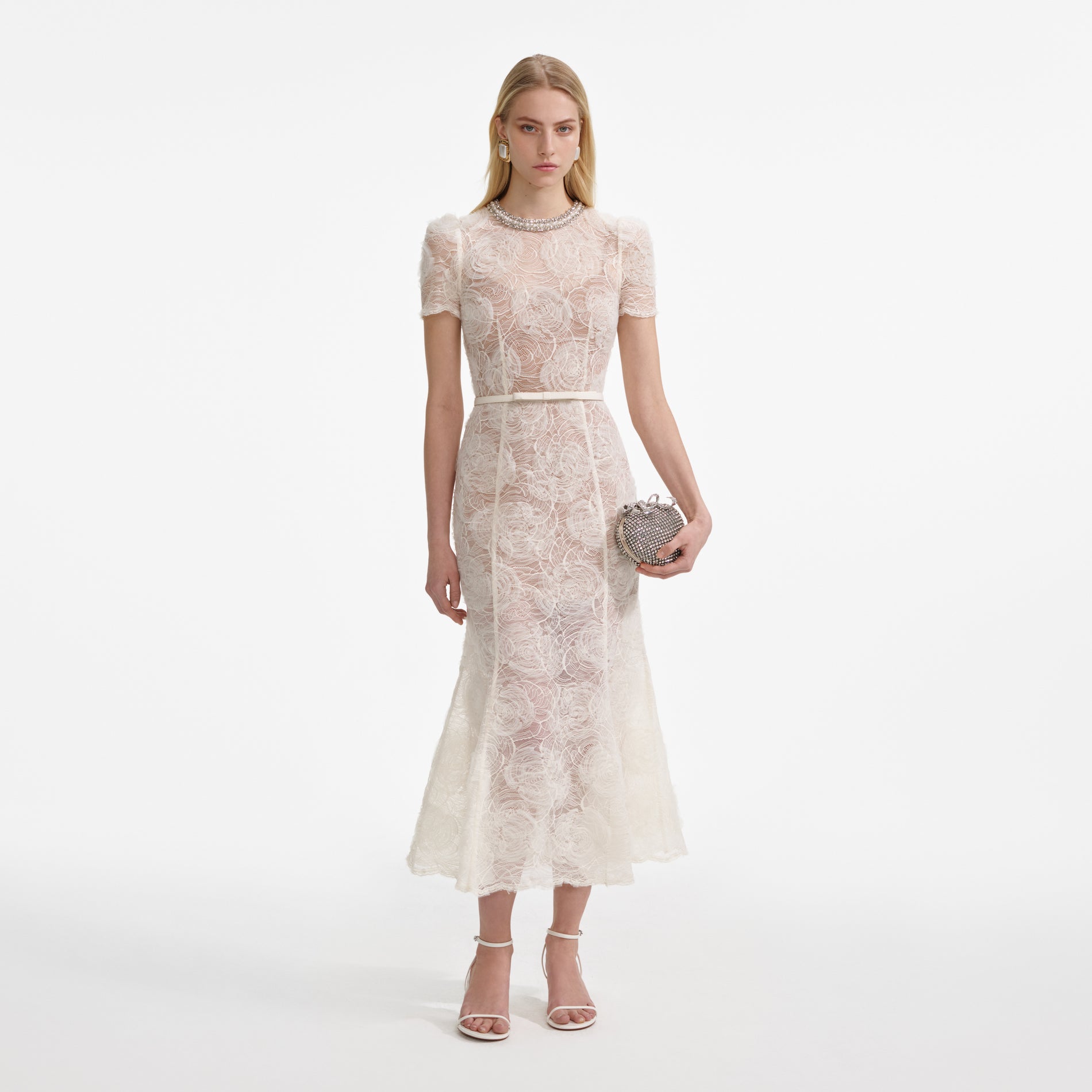 Front view of a woman wearing the Cream Tulle Lace Midi Dress