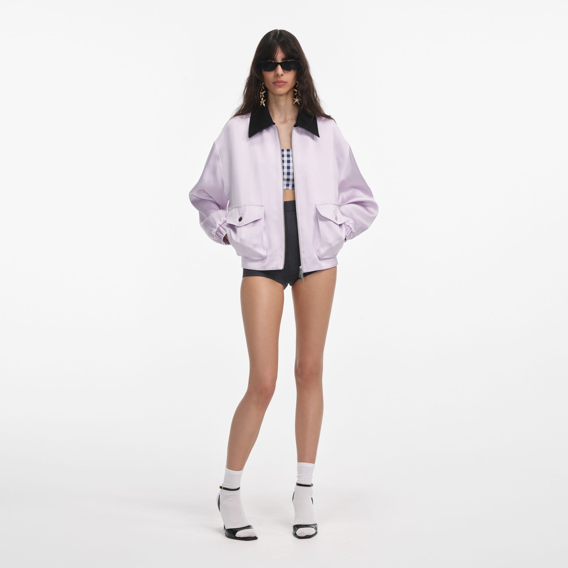 Front view of a woman wearing the Lilac Viscose Jacket