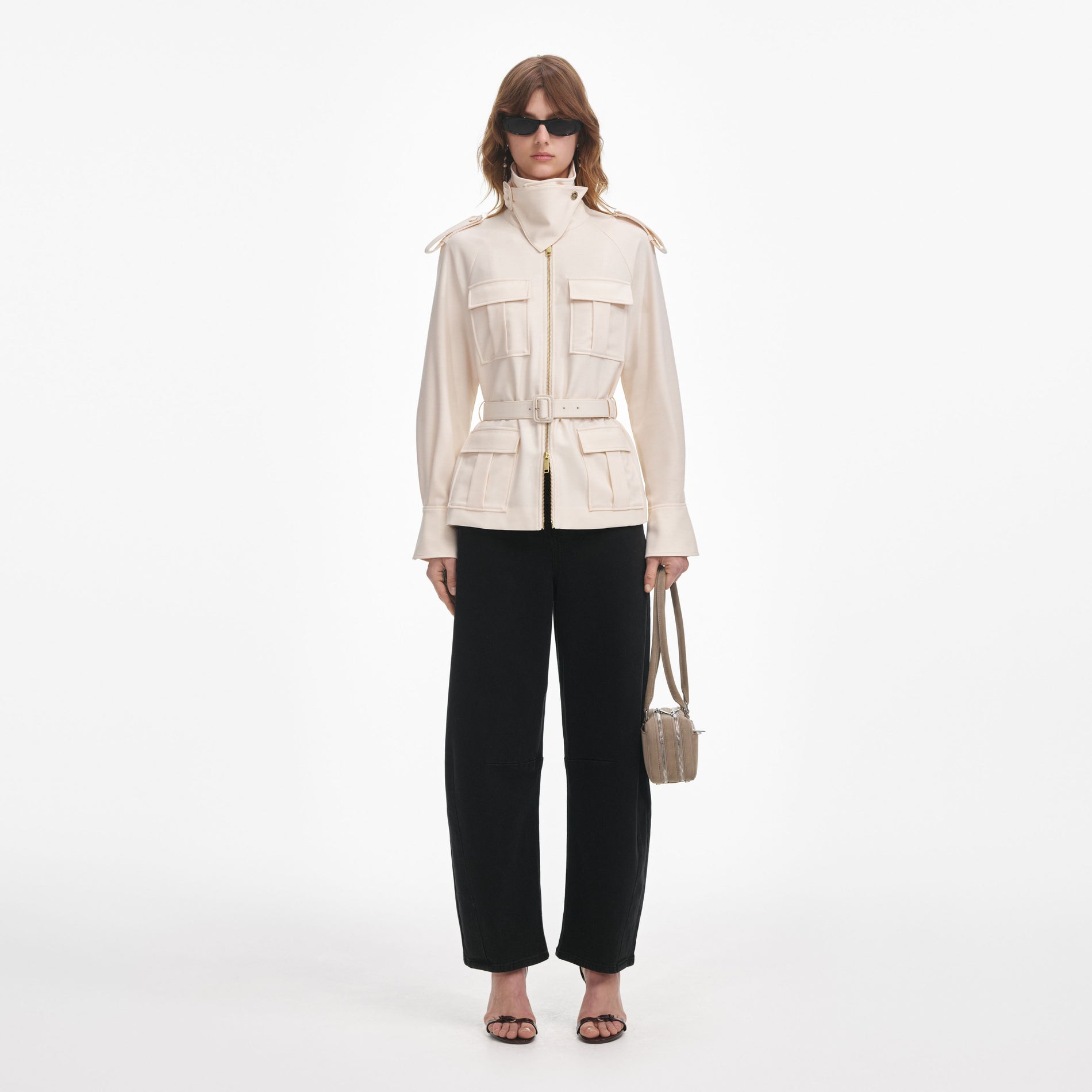 Front view of a woman wearing the Cream Twill Jacket