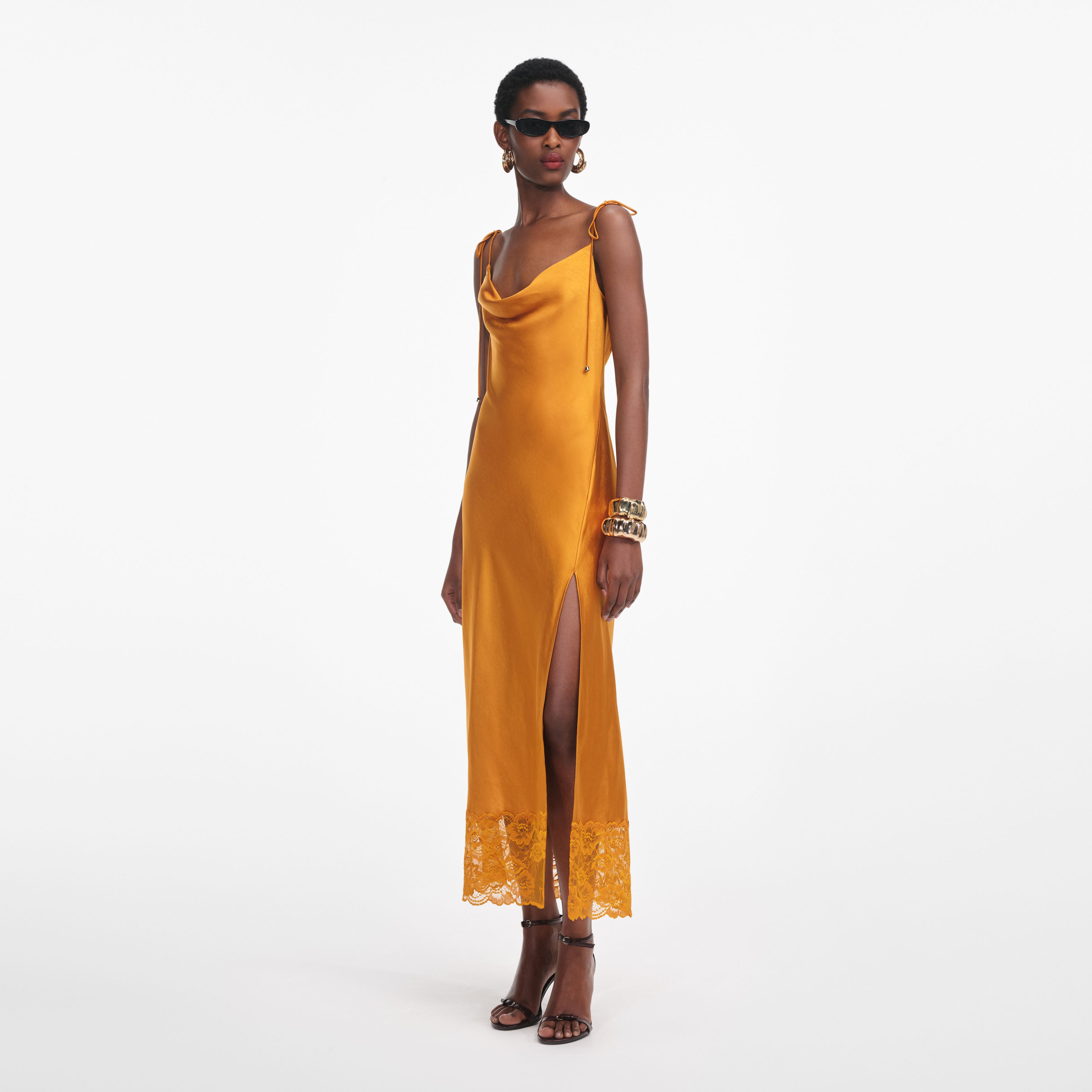 Burnt Orange Satin Midi Dress