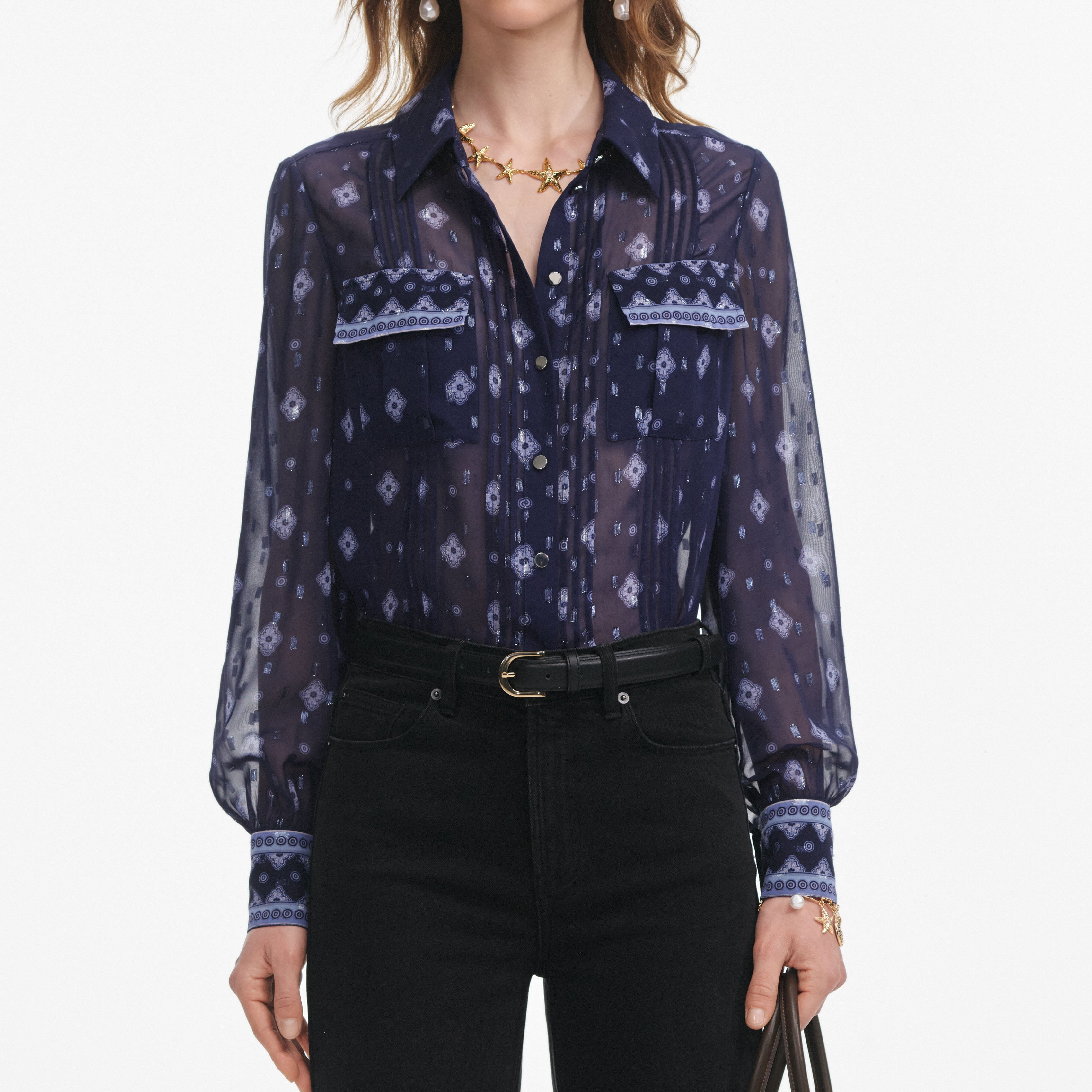 Navy Printed Chiffon Blouse