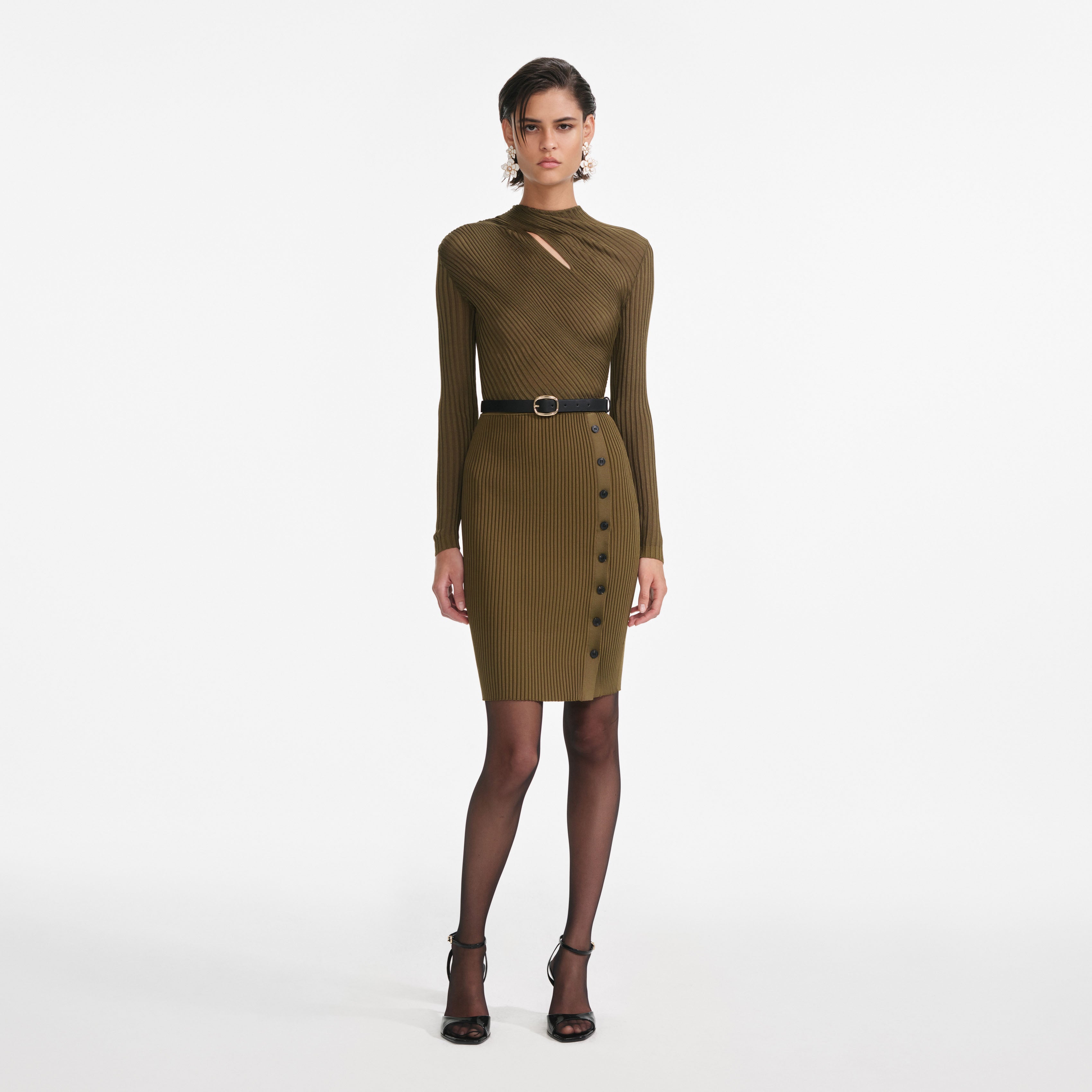 Khaki Cut Out Rib Knit Mini Dress