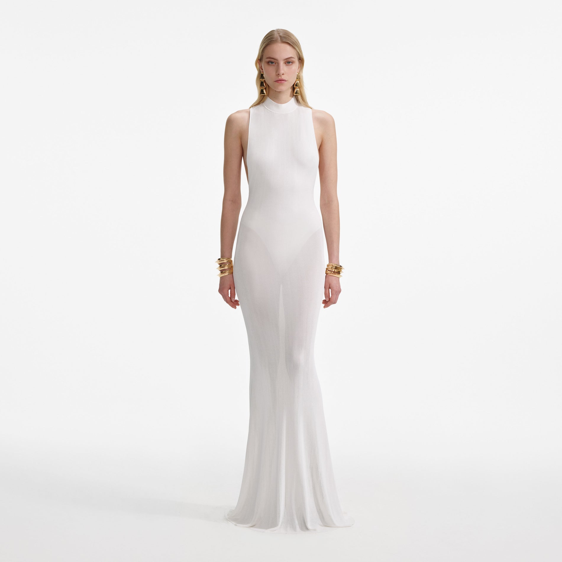 Front view of a woman wearing the White Racer Back Viscose Knit Maxi Dress
