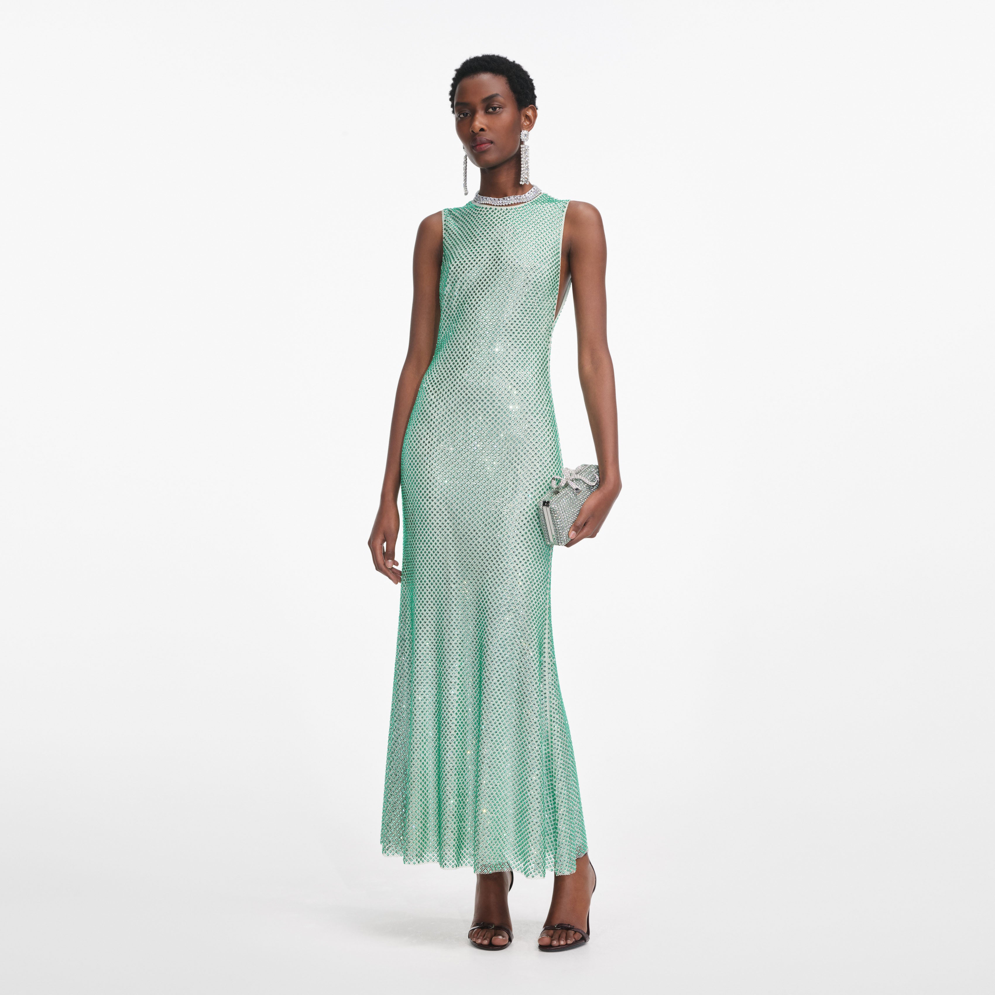 Mint Rhinestone Mesh Midi Dress
