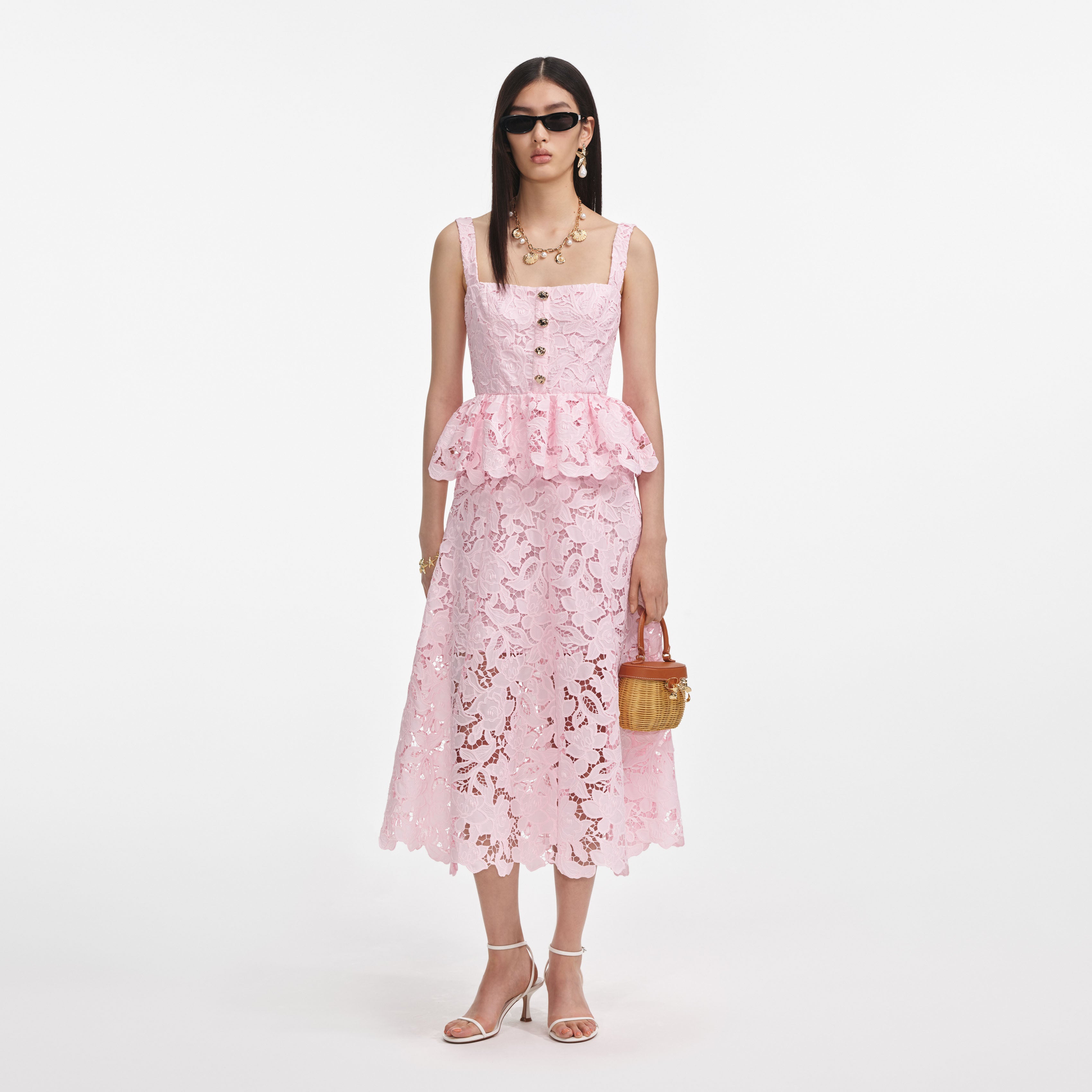 Pink Lace Peplum Midi Dress