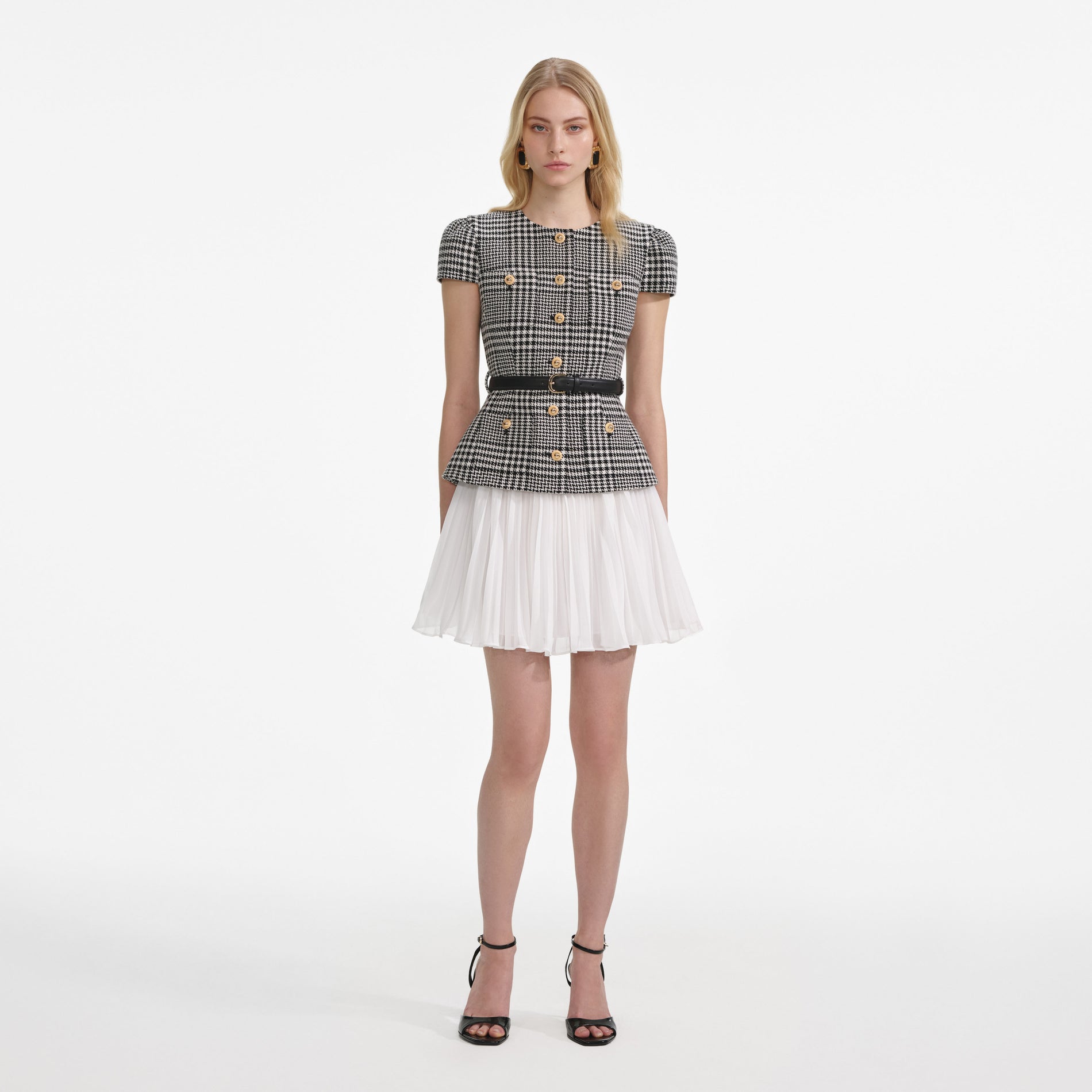 Front view of a woman wearing the Houndstooth Mini Dress