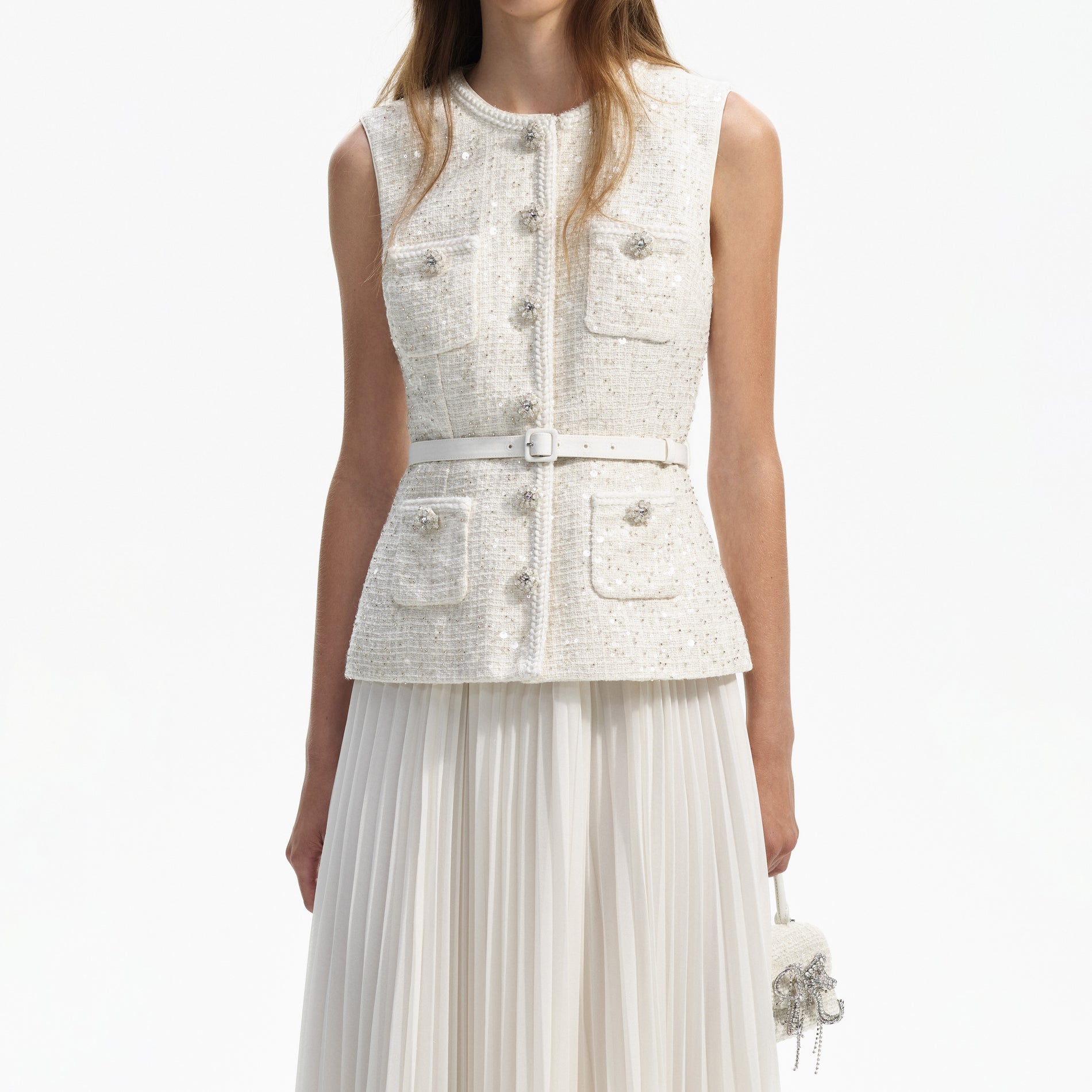 A close up of a woman wearing the Cream Sequin Boucle Tailored Midi Dress