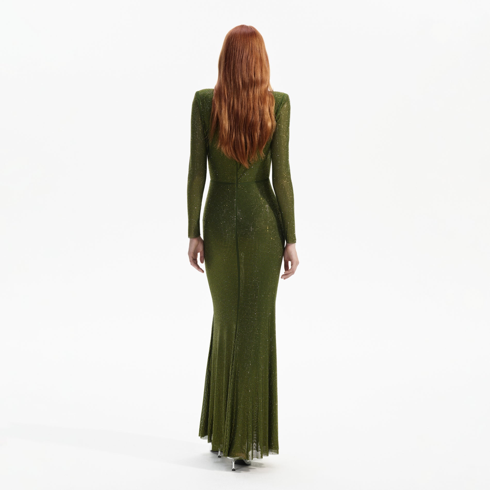 Back view of a woman wearing the Olive Green Rhinestone Maxi Dress