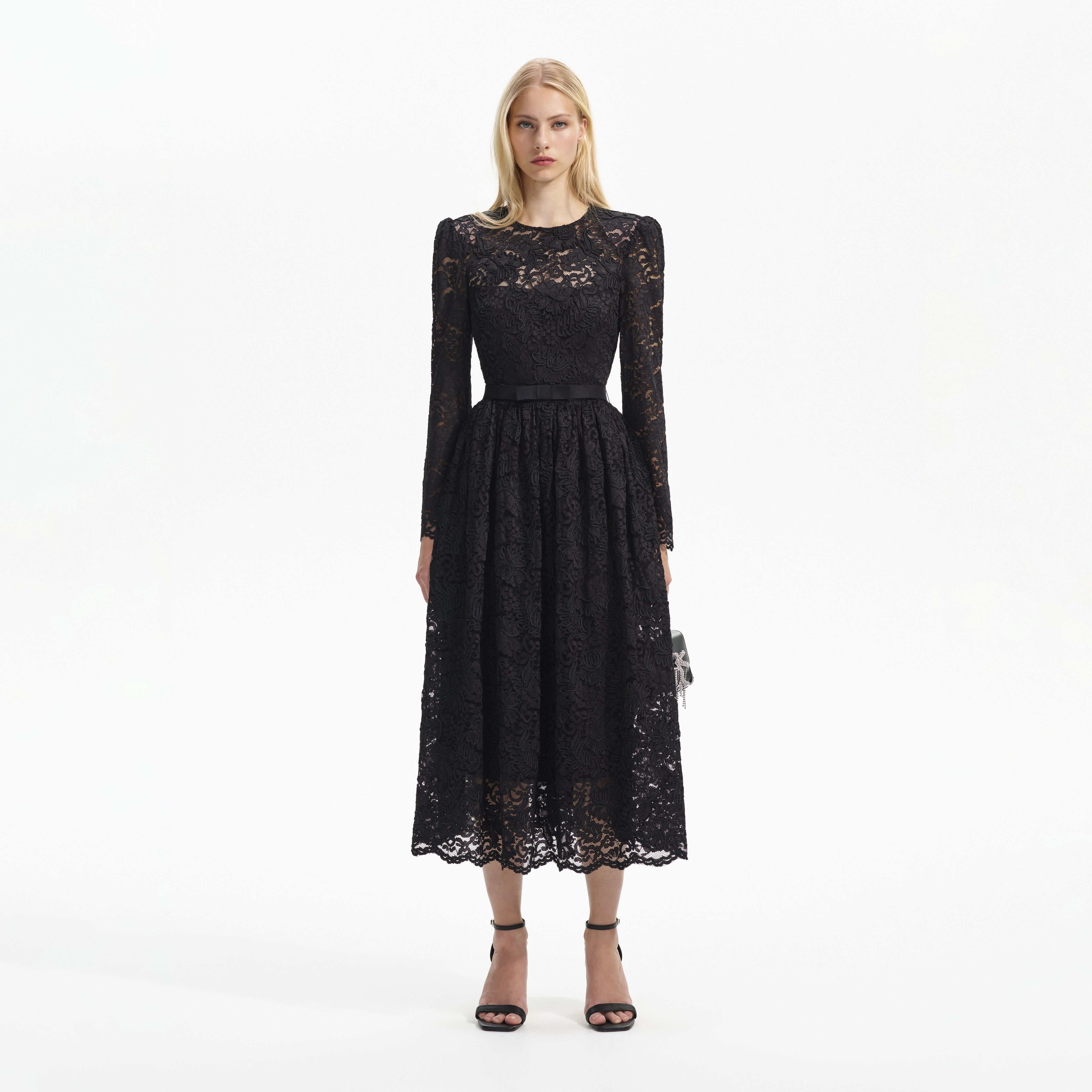 Black Cord Lace Long Sleeve Midi Dress – self-portrait