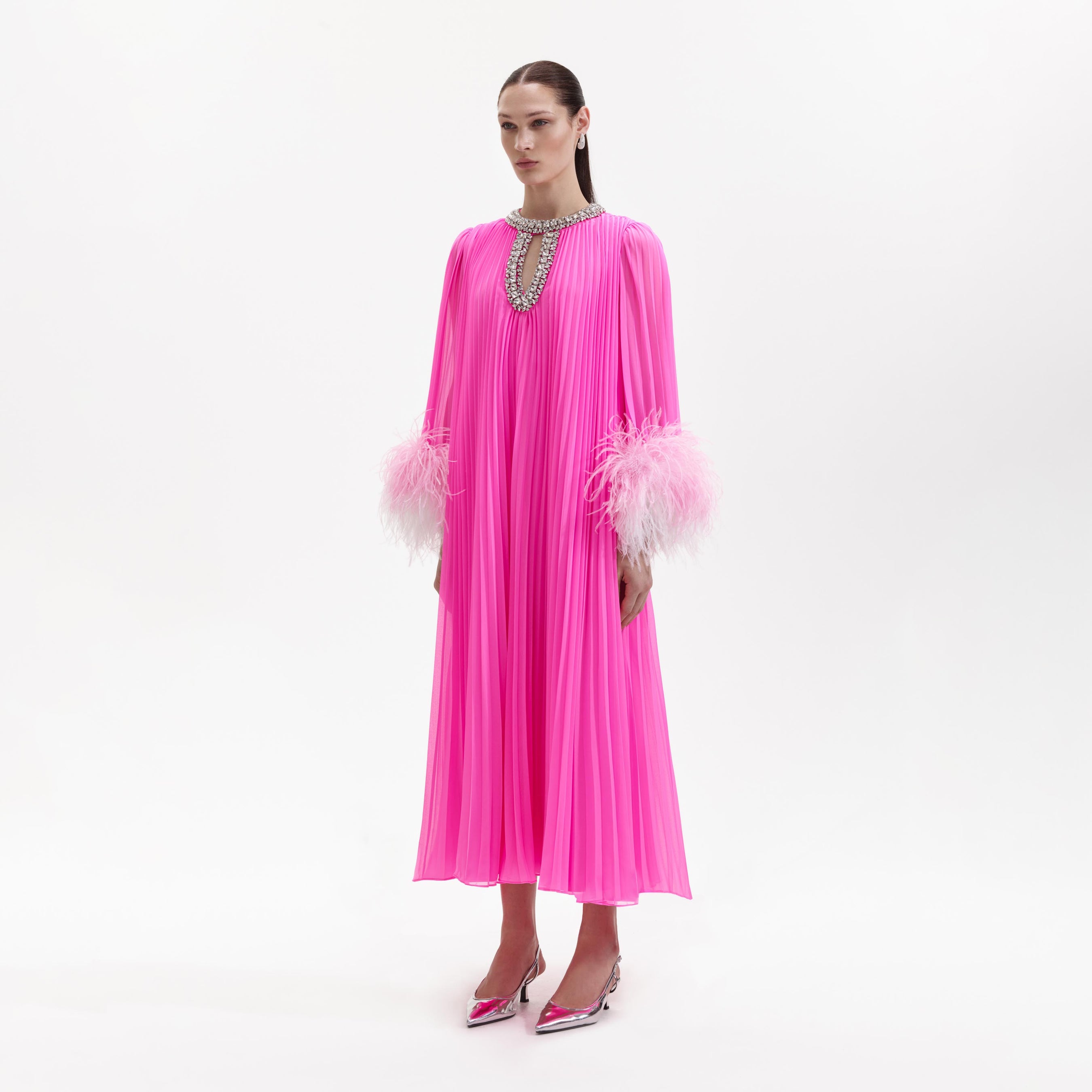 Pink Chiffon Feather Midi Dress – self-portrait