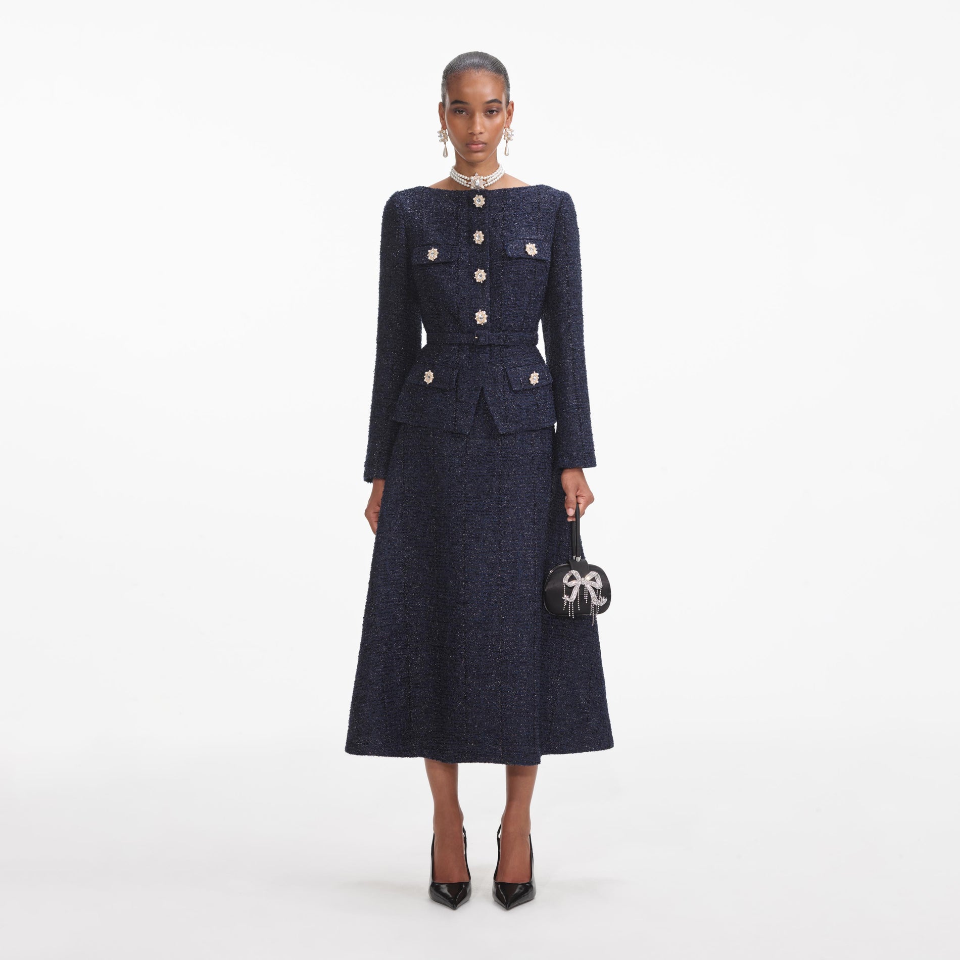 Navy Metallic Boucle Midi Dress